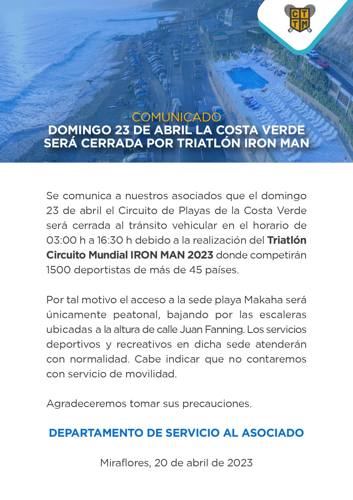 COMUNICADO: DOMINGO 23 DE ABRIL LA COSTA VERDE SERÁ CERRADA POR TRIATLÓN IRON MAN
