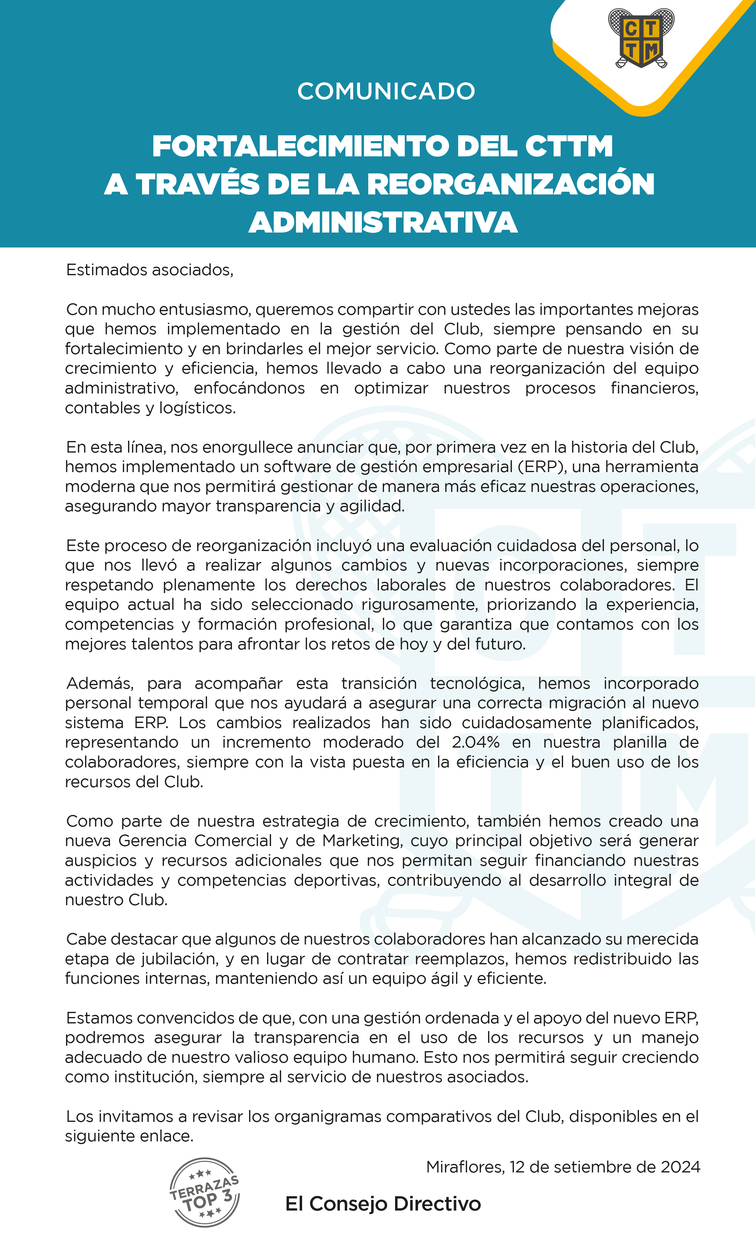 COMUNICADO: FORTALECIMIENTO DEL CTTM A TRAVÉS DE LA REORGANIZACIÓN ADMINISTRATIVA