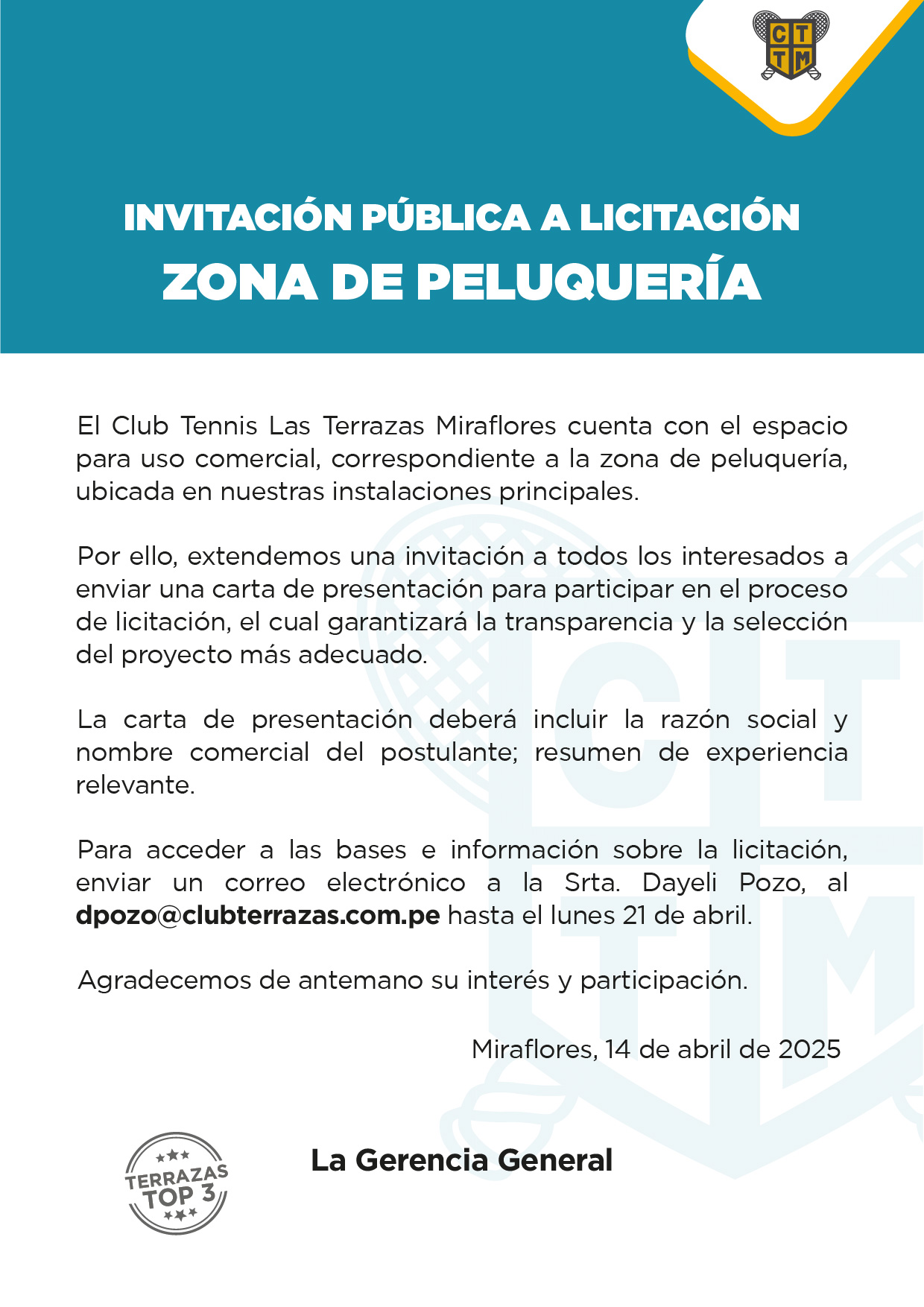 📢 INVITACIÓN PÚBLICA A LICITACIÓN: ZONA DE PELUQUERÍA 📑