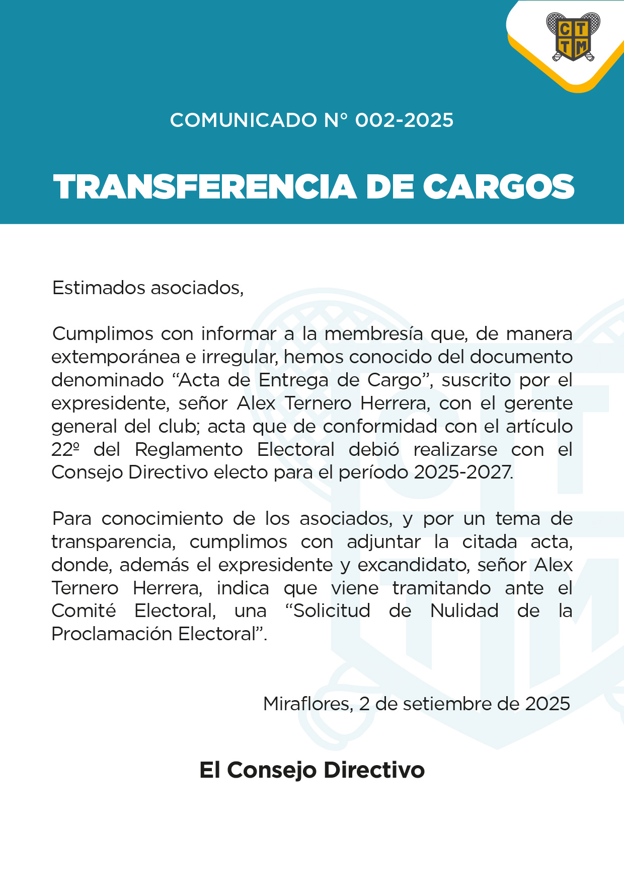 📣COMUNICADO N° 002- 2025 - TRANSFERENCIA DE CARGOS