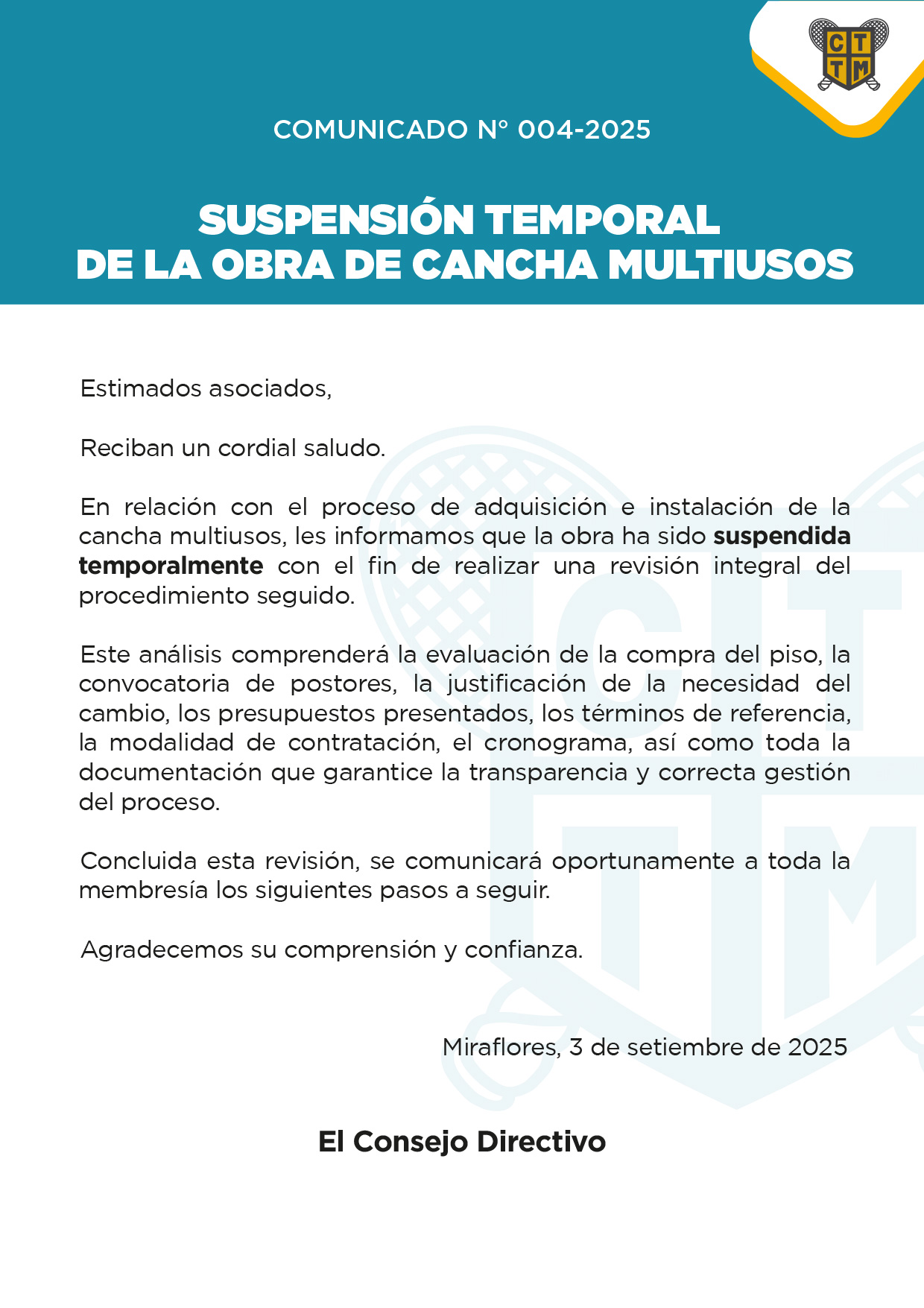 📣COMUNICADO N° 004 - 2025 - SUSPENSIÓN TEMPORAL DE LA OBRA DE CANCHA MULTIUSOS