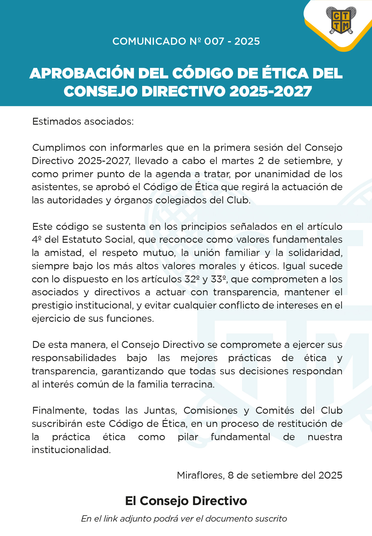 📣COMUNICADO N° 007 - 2025 - APROBACIÓN DEL CÓDIGO DE ÉTICA DEL CONSEJO DIRECTIVO 2025-2027