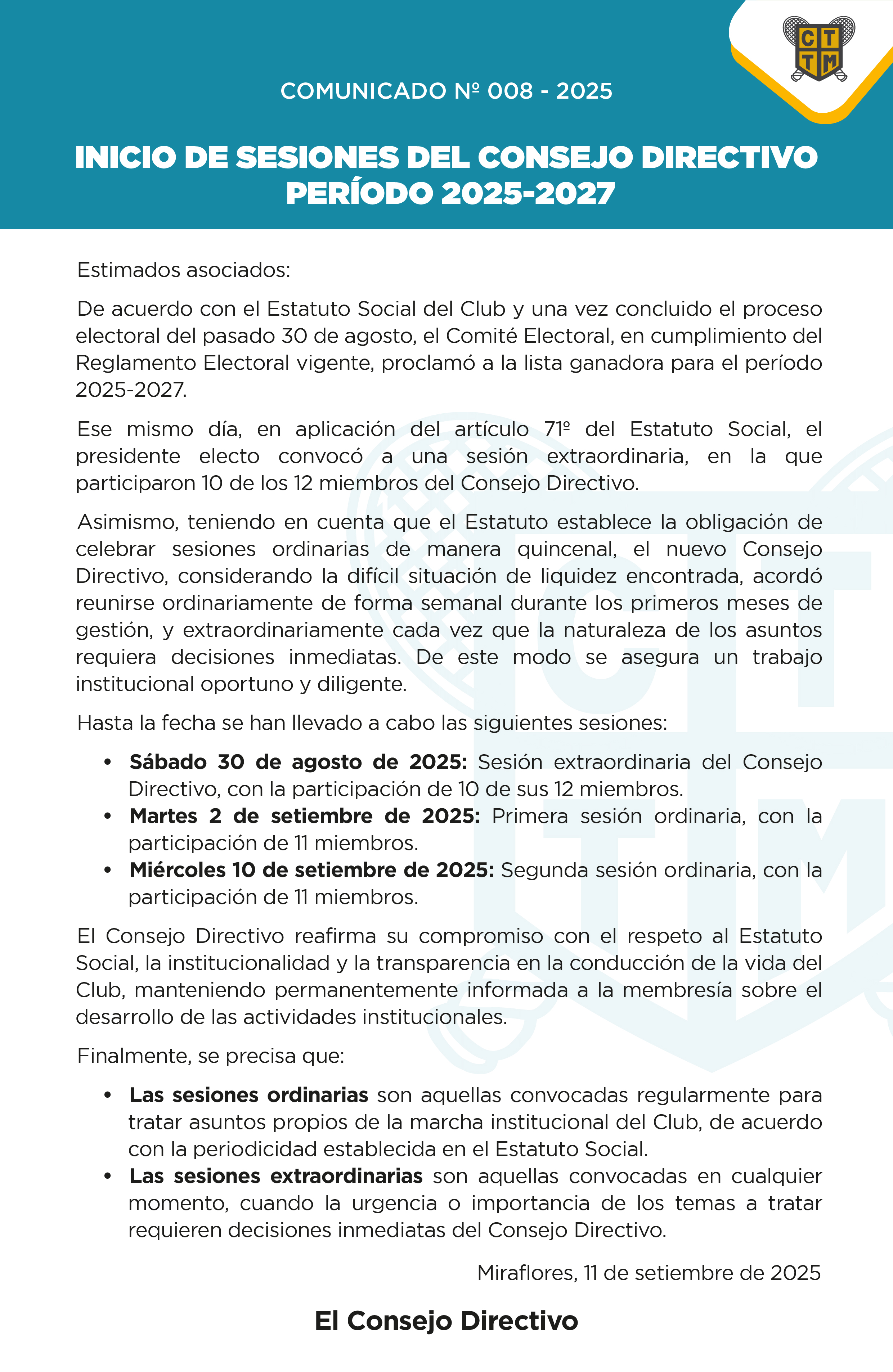 📣COMUNICADO N° 008 - 2025 - INICIO DE SESIONES DEL CONSEJO DIRECTIVO PERÍODO 2025-2027