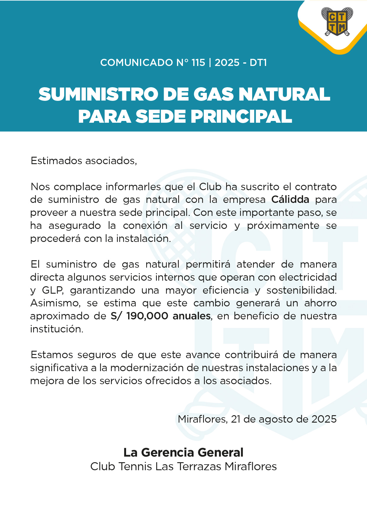 📣COMUNICADO N.º 115 | 2025 - DT1 - SUMINISTRO DE GAS NATURAL PARA LA SEDE PRINCIPAL