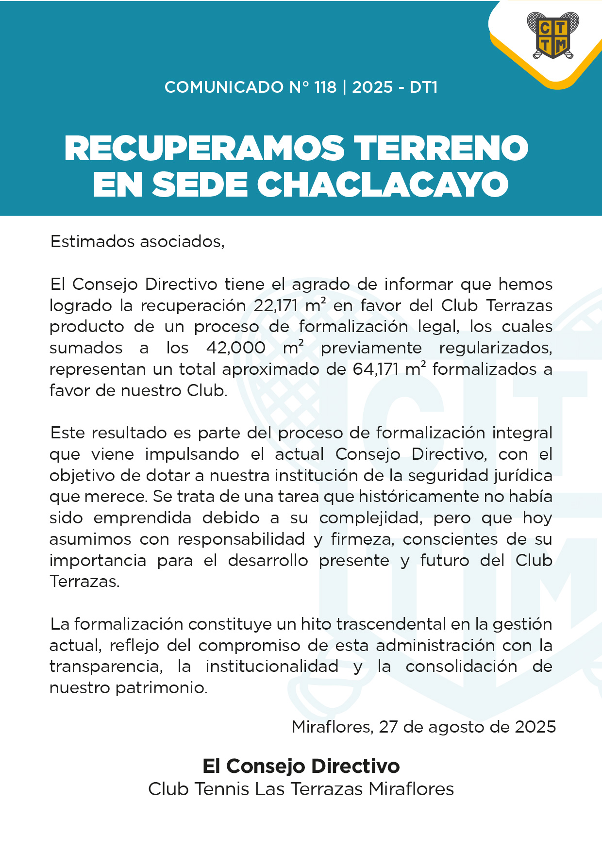 📣COMUNICADO N.º 118 | 2025 - DT1 - RECUPERAMOS TERRENO EN SEDE CHACLACAYO