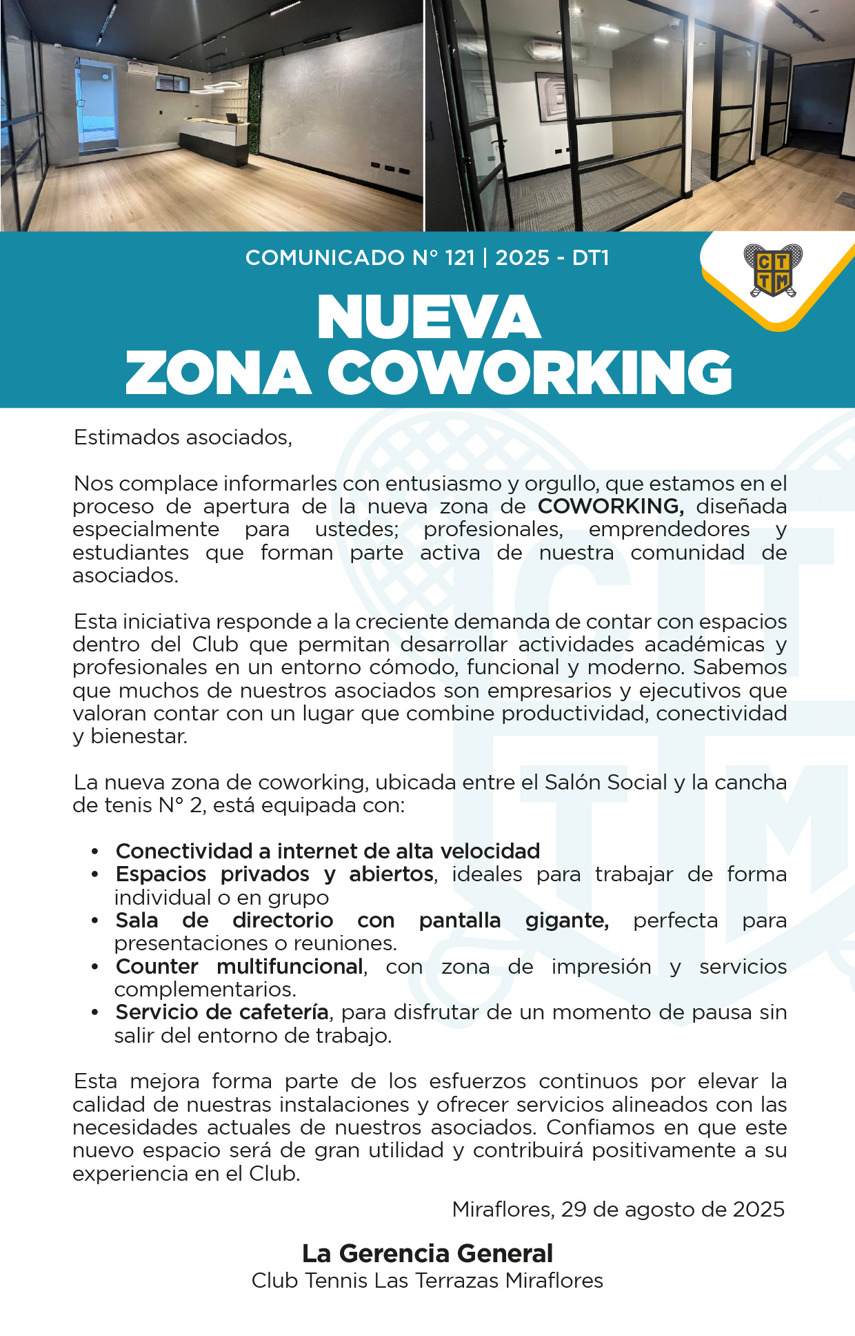 📣COMUNICADO N.º 121 | 2025 - DT1 - NUEVA ZONA COWORKING