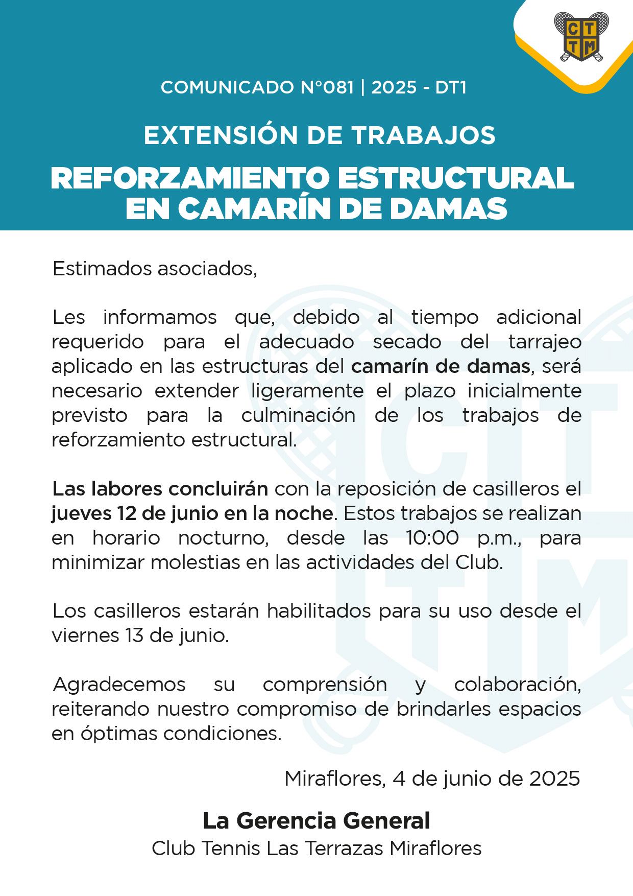 📣COMUNICADO N°081 - 2025-DT1: EXTENSIÓN DE TRABAJOS  - REFORZAMIENTO ESTRUCTURAL EN CAMARÍN DE DAMAS