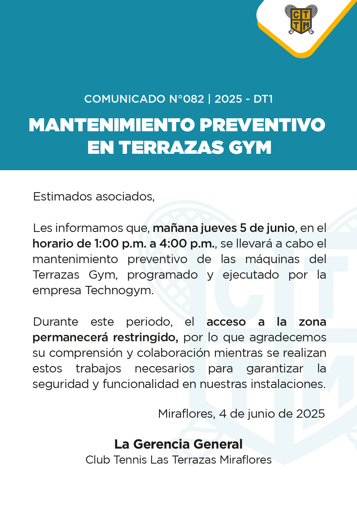 📣COMUNICADO N°082 | 2025-DT1: MANTENIMIENTO PREVENTIVO EN TERRAZAS GYM