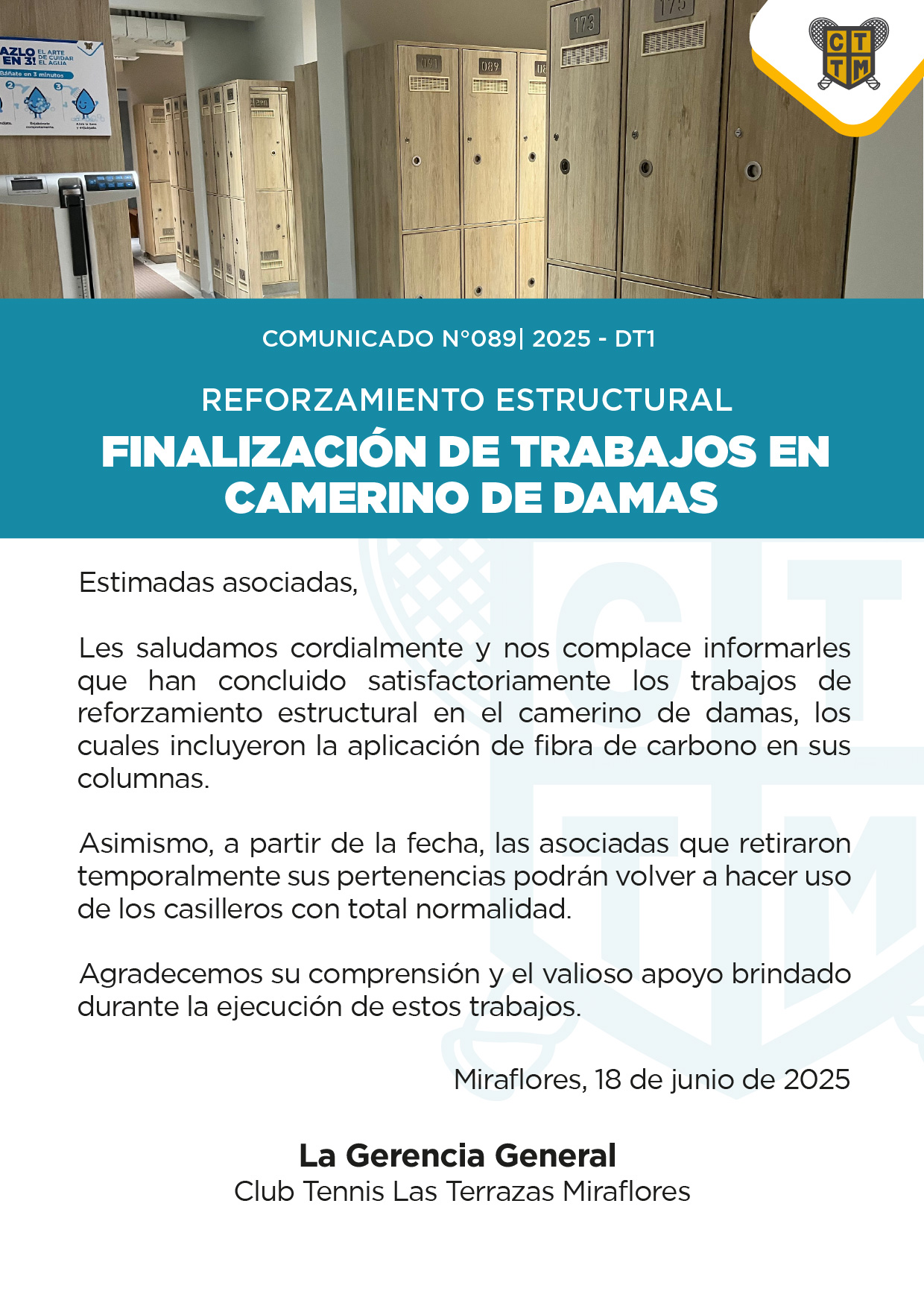 📣COMUNICADO N°089 - 2025-DT1 -FINALIZACIÓN DE LOS TRABAJOS DE REFORZAMIENTO ESTRUCTURAL EN EL CAMERINO DE DAMAS