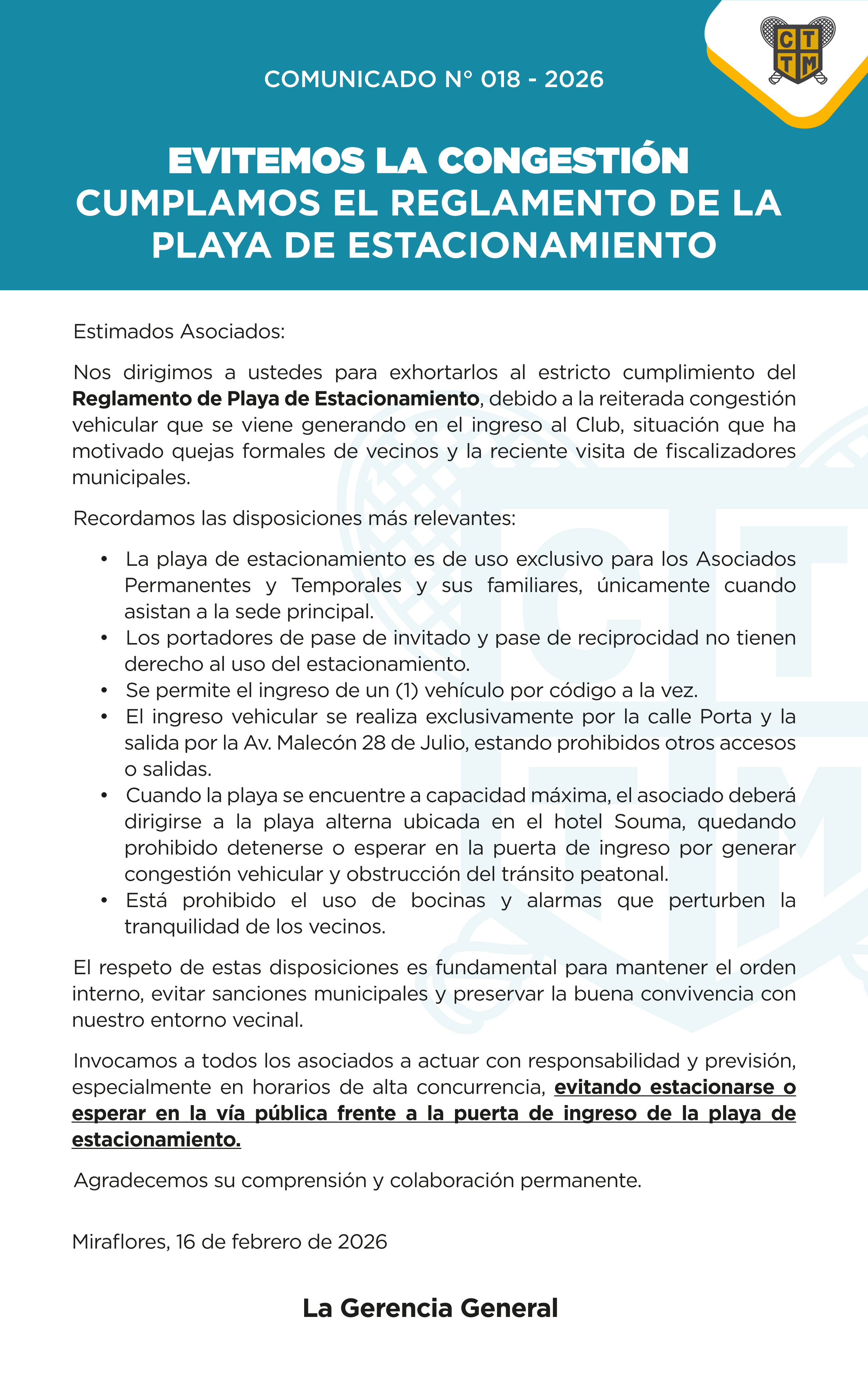 📣COMUNICADO N°018 - 2026 - EVITEMOS LA CONGESTIÓN, CUMPLAMOS EL REGLAMENTO DE LA PLAYA DE ESTACIONAMIENTO