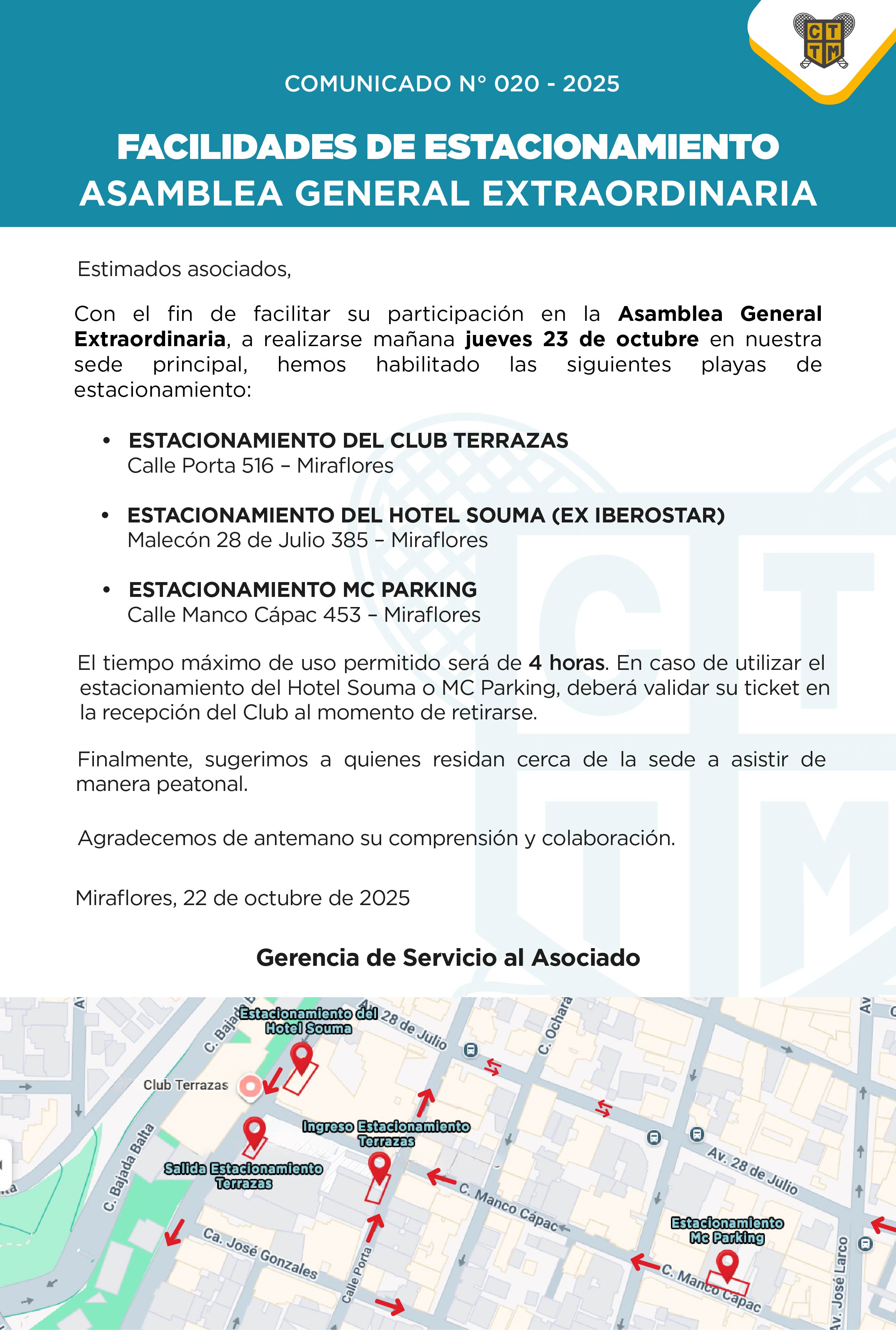 📣COMUNICADO N° 020 - 2025: FACILIDADES DE ESTACIONAMIENTO - ASAMBLEA GENERAL EXTRAORDINARIA