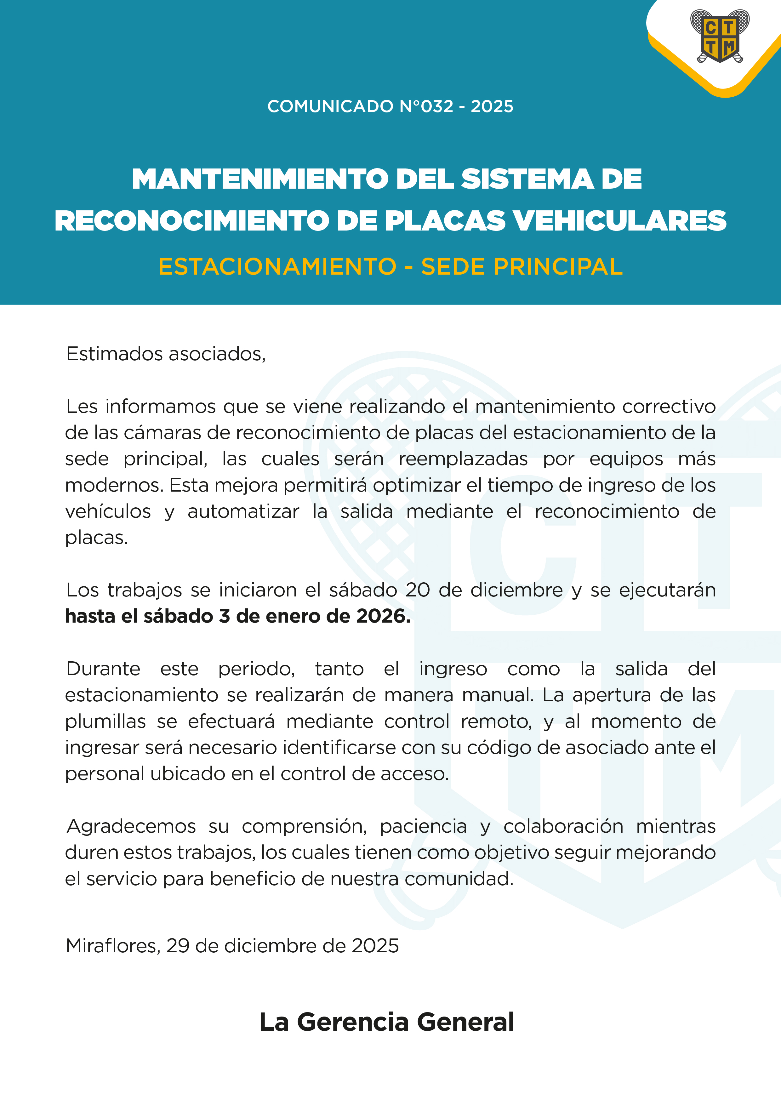 📣COMUNICADO N°032 - 2025 - MANTENIMIENTO DEL SISTEMA DE RECONOCIMIENTO DE PLACAS VEHICULARES - ESTACIONAMIENTO - SEDE PRINCIPAL