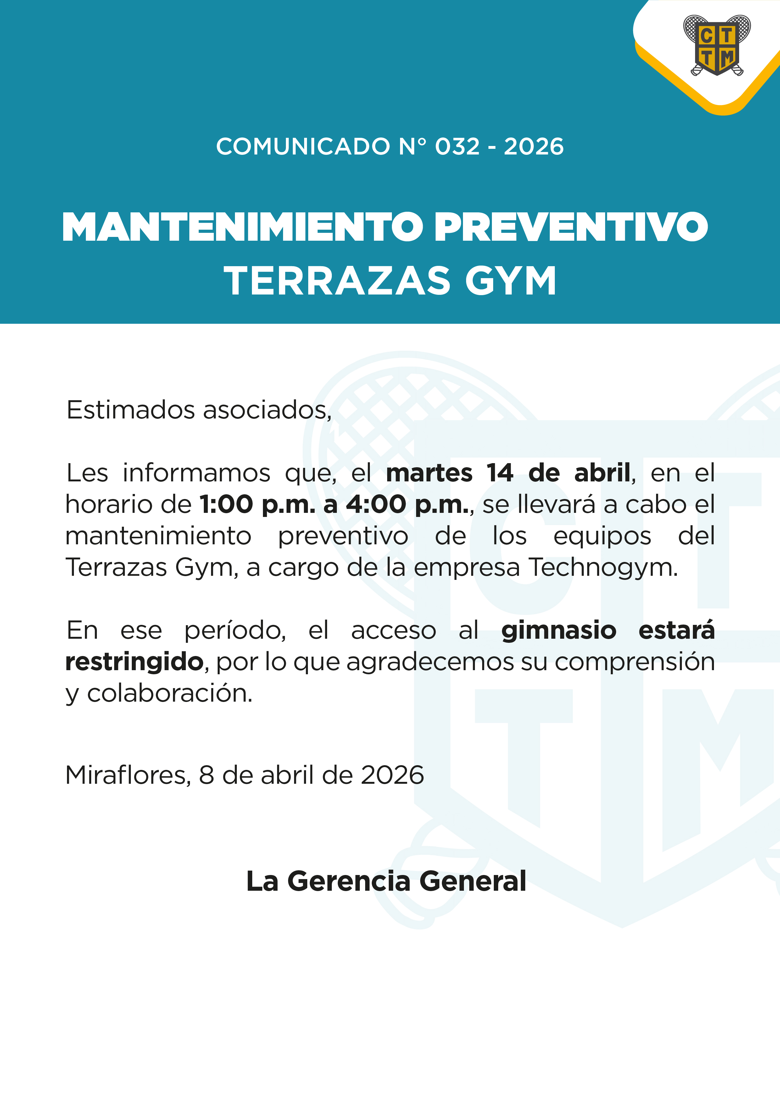 📣COMUNICADO N°032 - 2026: MANTENIMIENTO PREVENTIVO TERRAZAS GYM