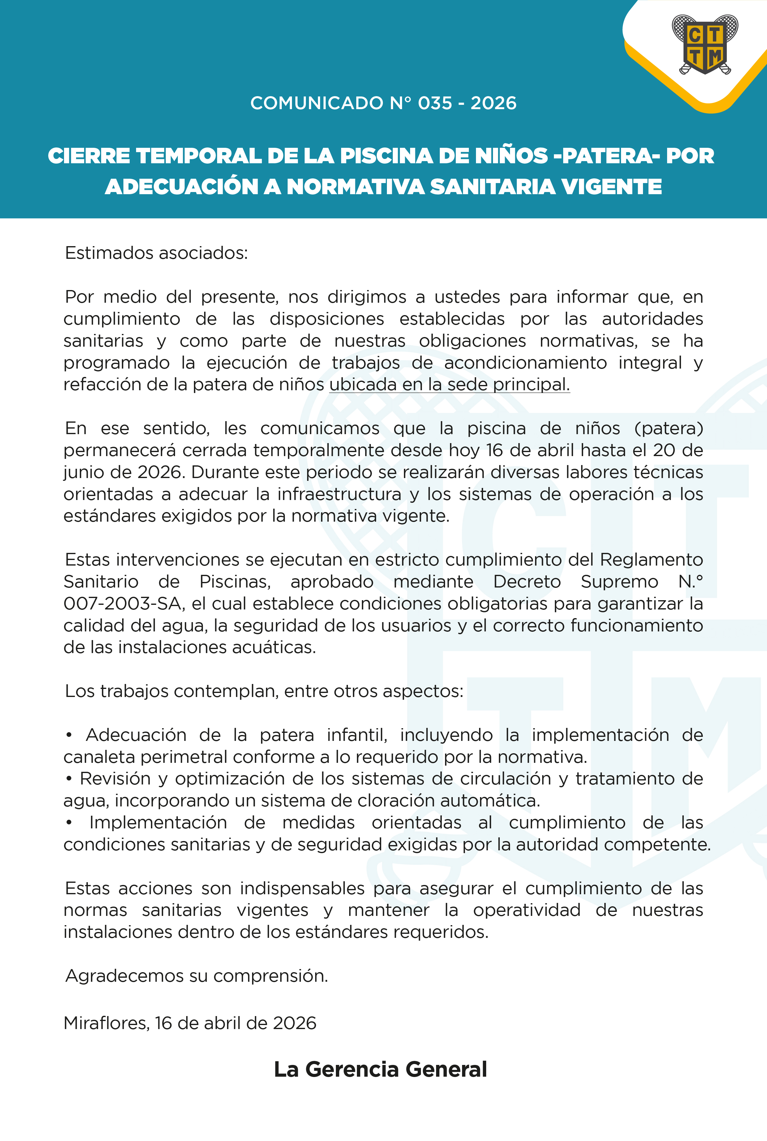 📣COMUNICADO N°035 - 2026 - CIERRE TEMPORAL DE LA PISCINA DE NIÑOS -PATERA- POR ADECUACIÓN A NORMATIVA SANITARIA VIGENTE