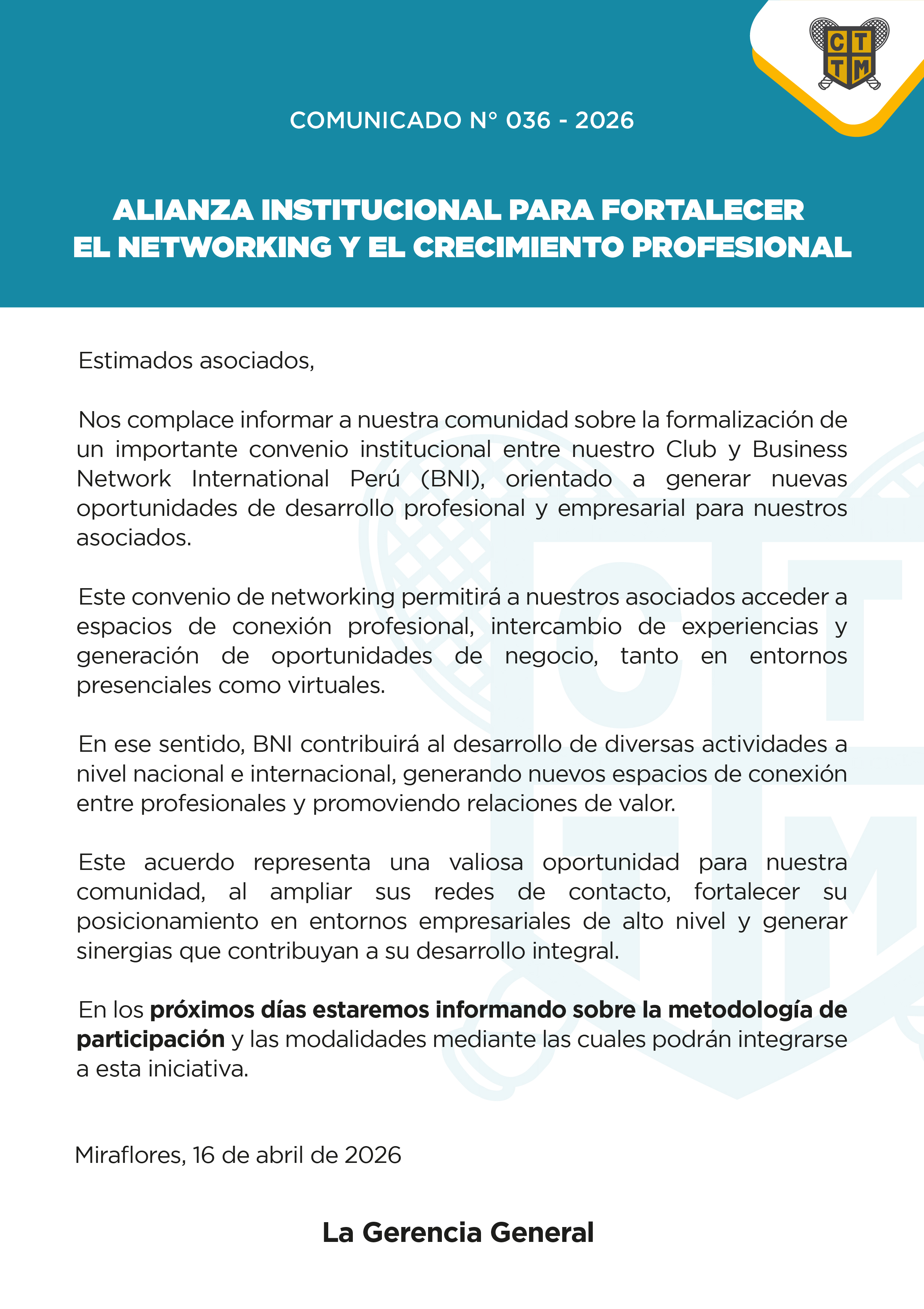 📣COMUNICADO N°036 - 2026 - ALIANZA INSTITUCIONAL PARA FORTALECER EL NETWORKING Y EL CRECIMIENTO PROFESIONAL