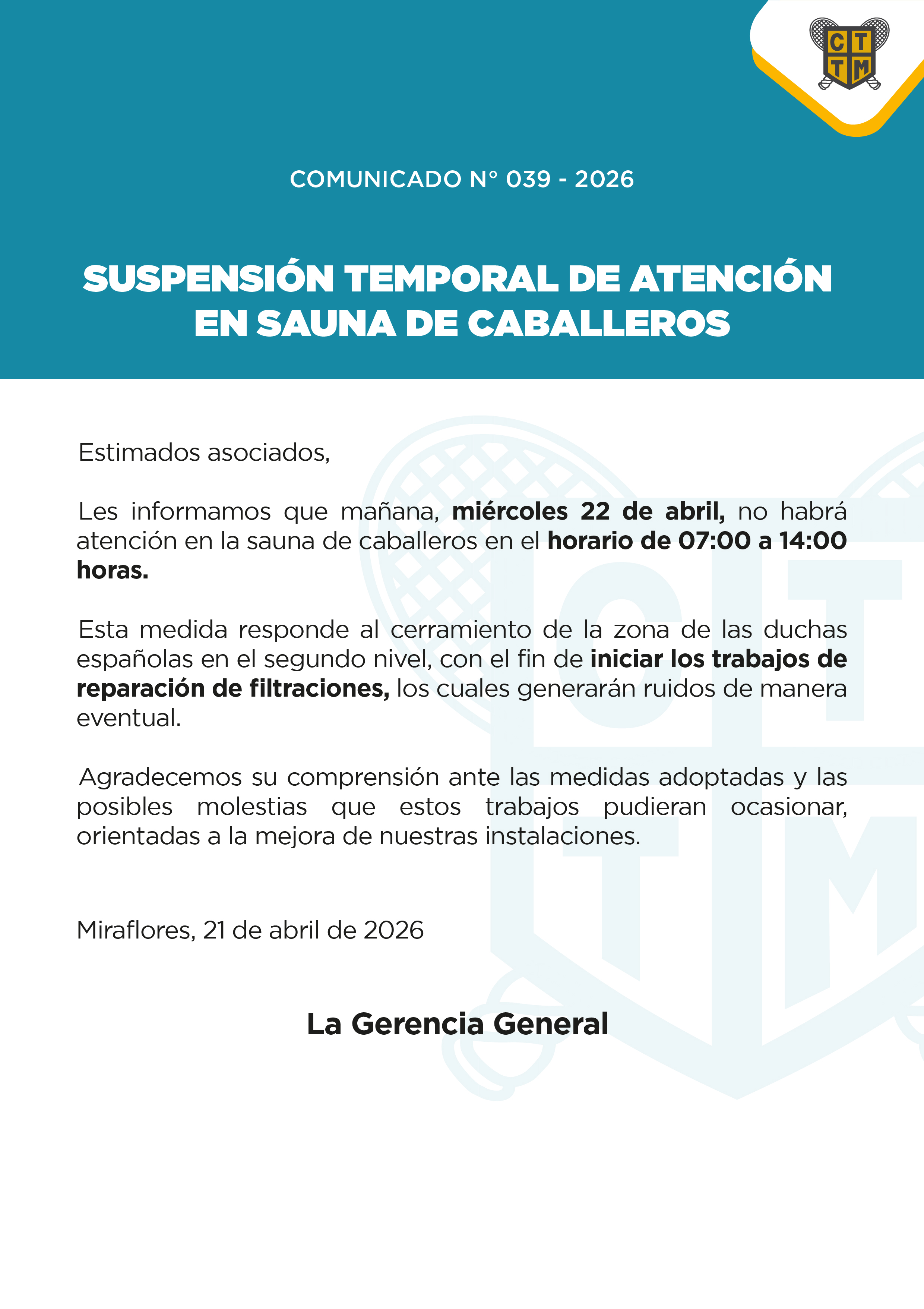 📣COMUNICADO N°039 - 2026 -SUSPENSIÓN TEMPORAL DE ATENCIÓN EN SAUNA DE CABALLEROS