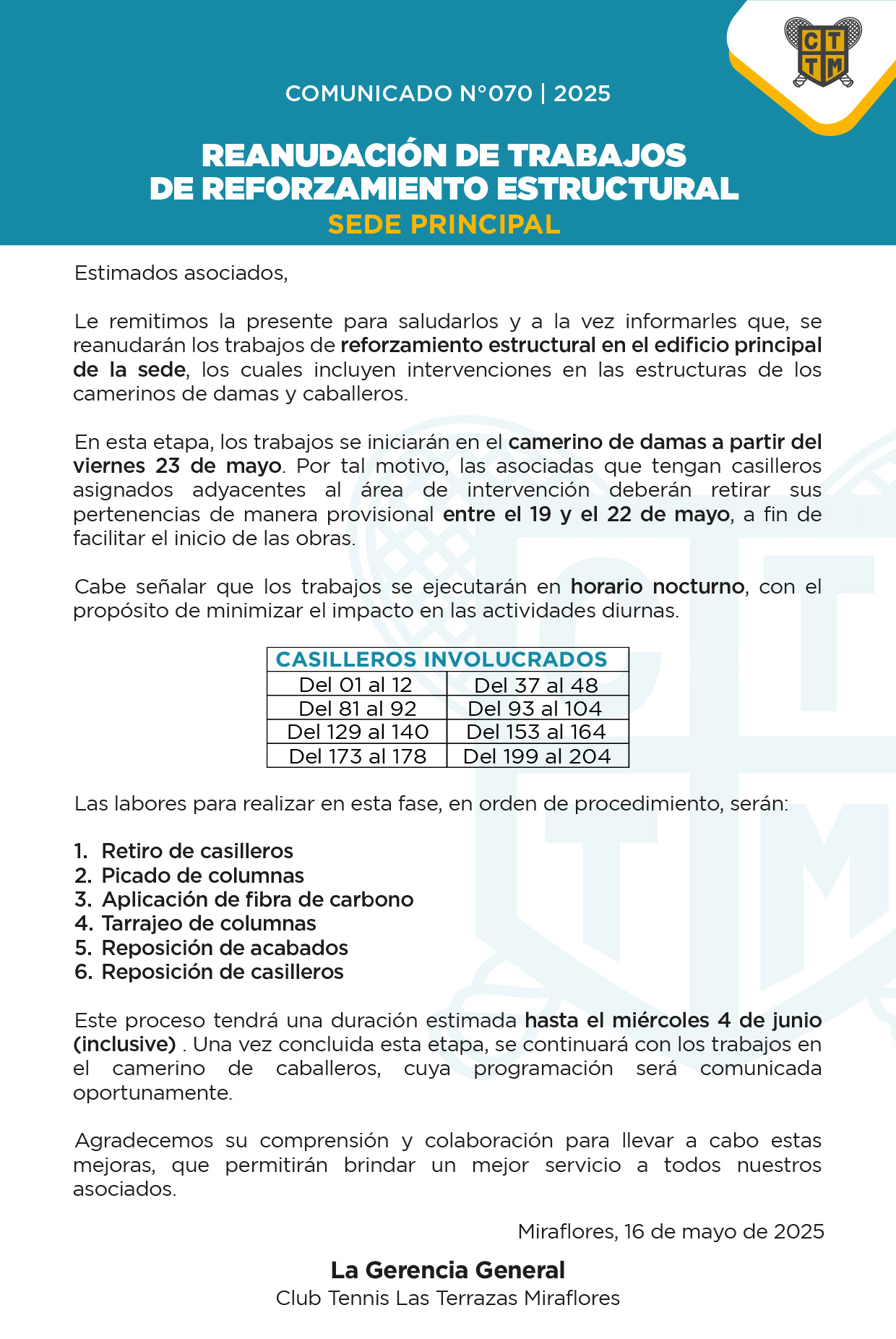 📢 COMUNICADO N° 070 | 2025:  REANUDACIÓN DE TRABAJOS DE REFORZAMIENTO ESTRUCTURAL - SEDE PRINCIPAL