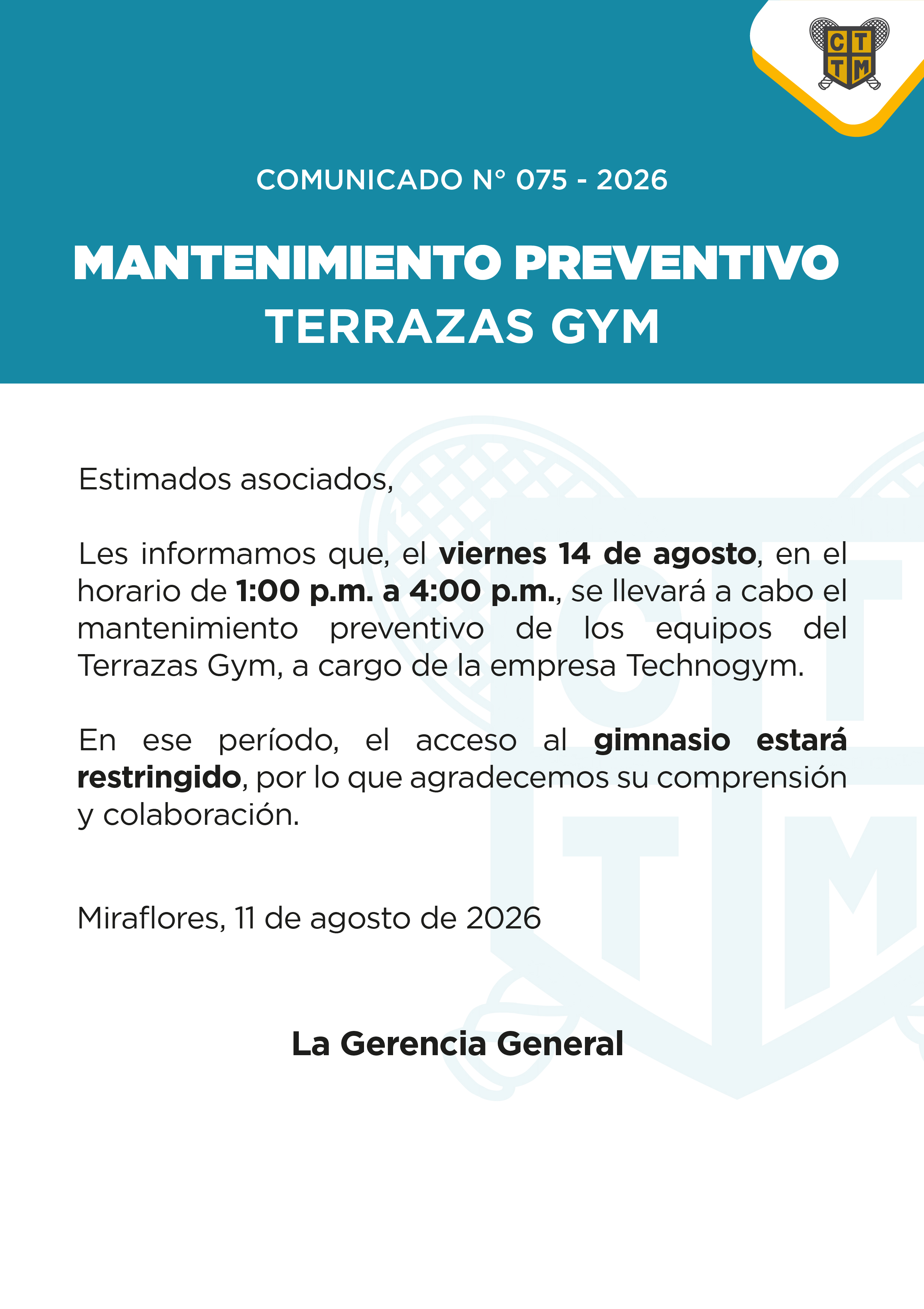📣COMUNICADO N°075 - 2026: MANTENIMIENTO PREVENTIVO TERRAZAS GYM