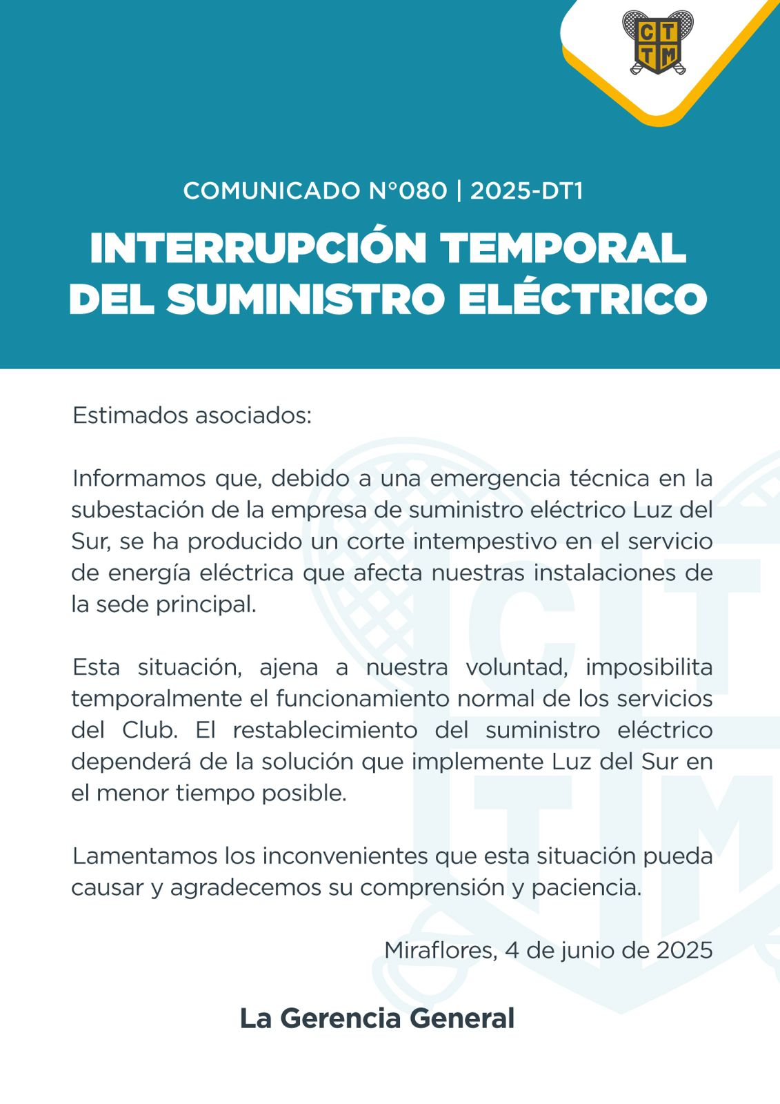 📣COMUNICADO N°080 - 2025-DT1 - INTERRUPCIÓN TEMPORAL DEL SUMINISTRO ELÉCTRICO