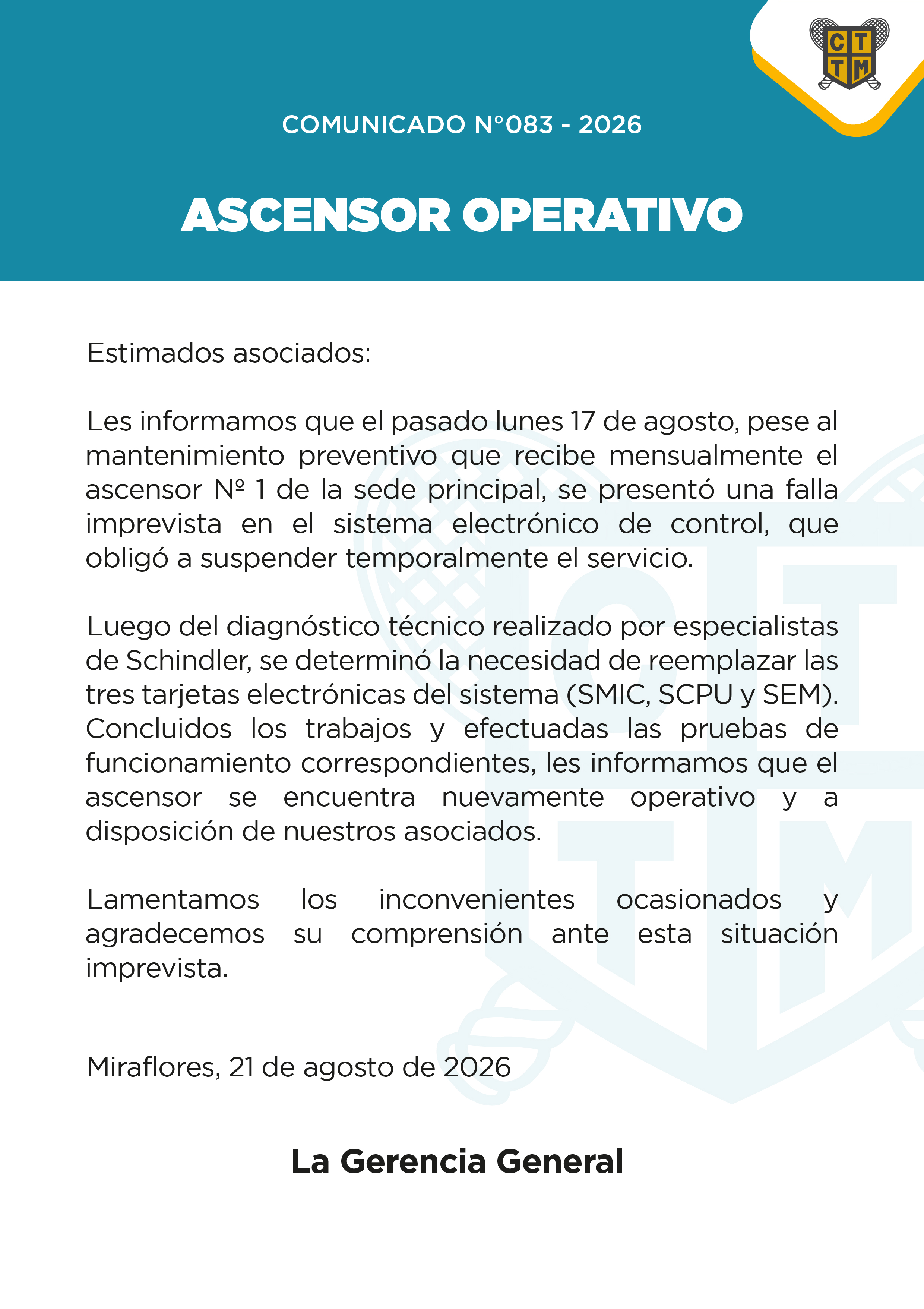 📣COMUNICADO N°083 - ASCENSOR OPERATIVO