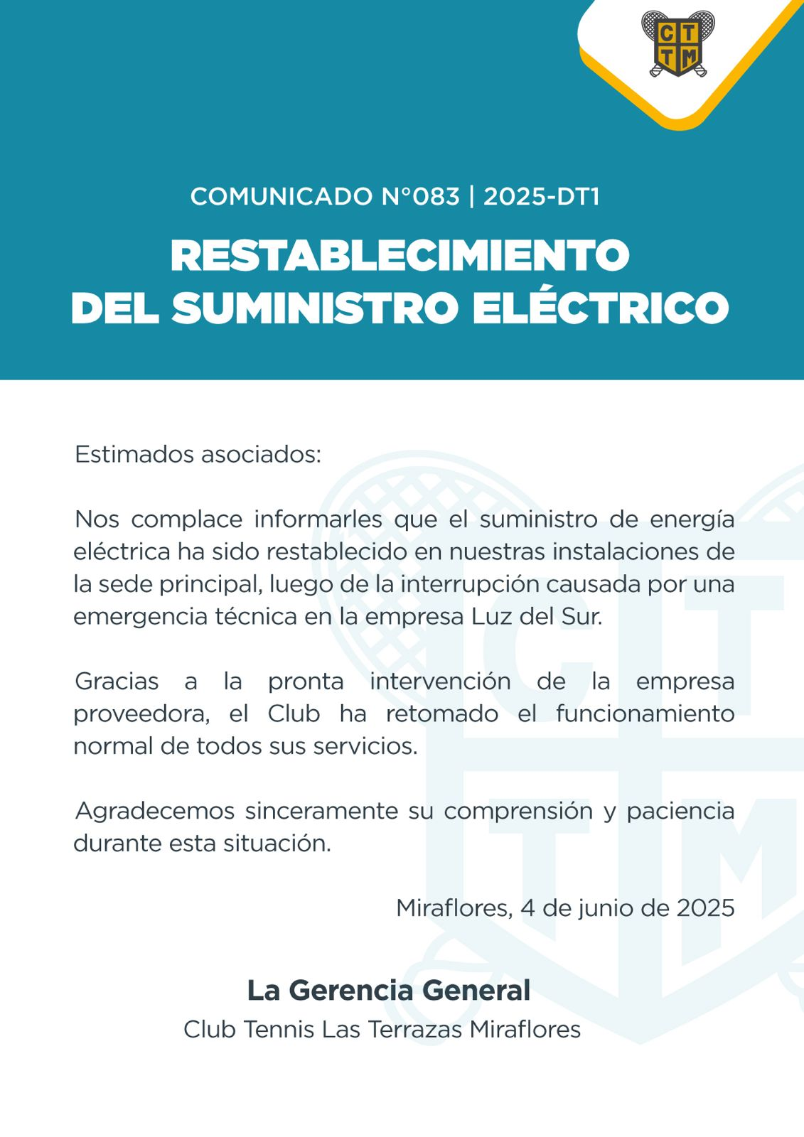 📣COMUNICADO N°083 - 2025-DT1 - RESTABLECIMIENTO DEL SUMINISTRO ELÉCTRICO