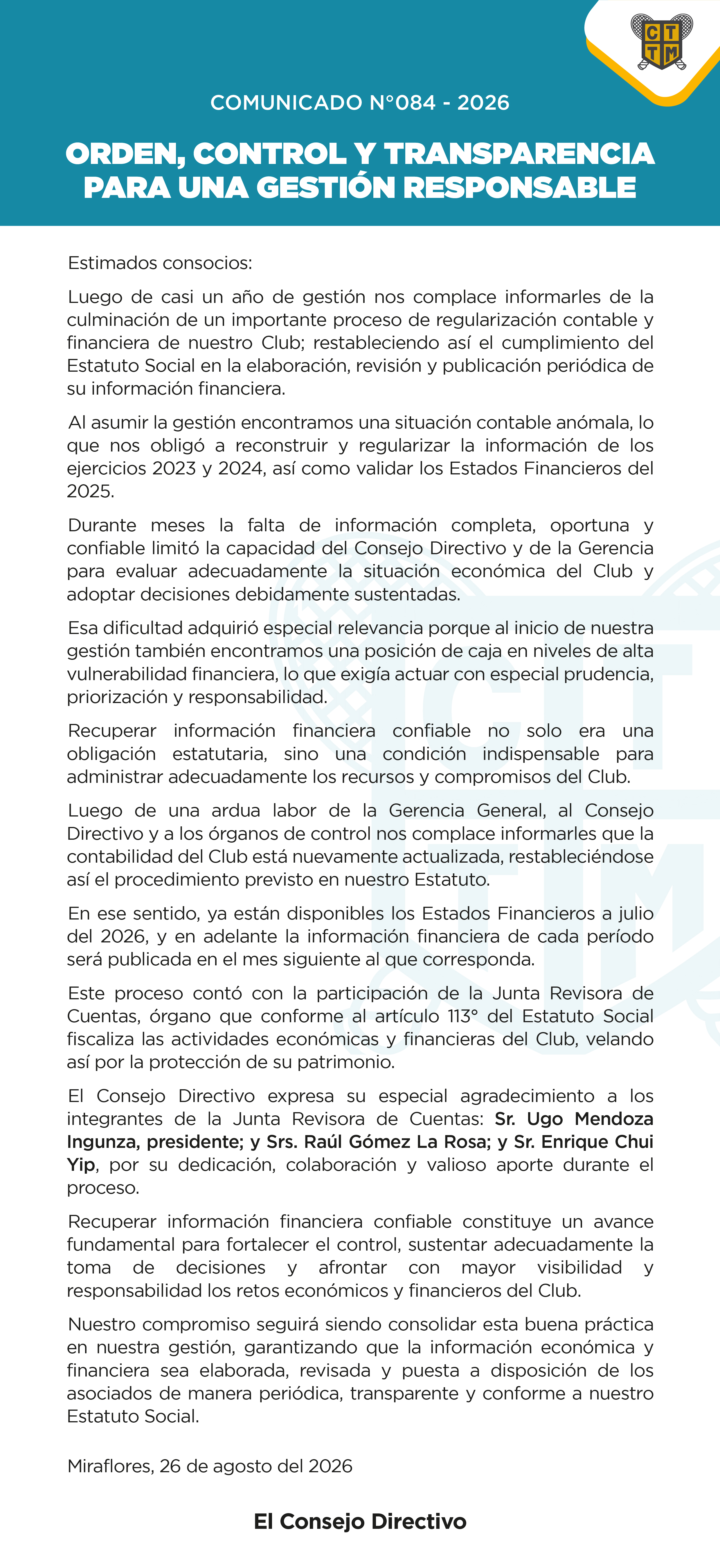 📣COMUNICADO N°084 -ORDEN, CONTROL Y TRANSPARENCIA PARA UNA GESTIÓN RESPONSABLE