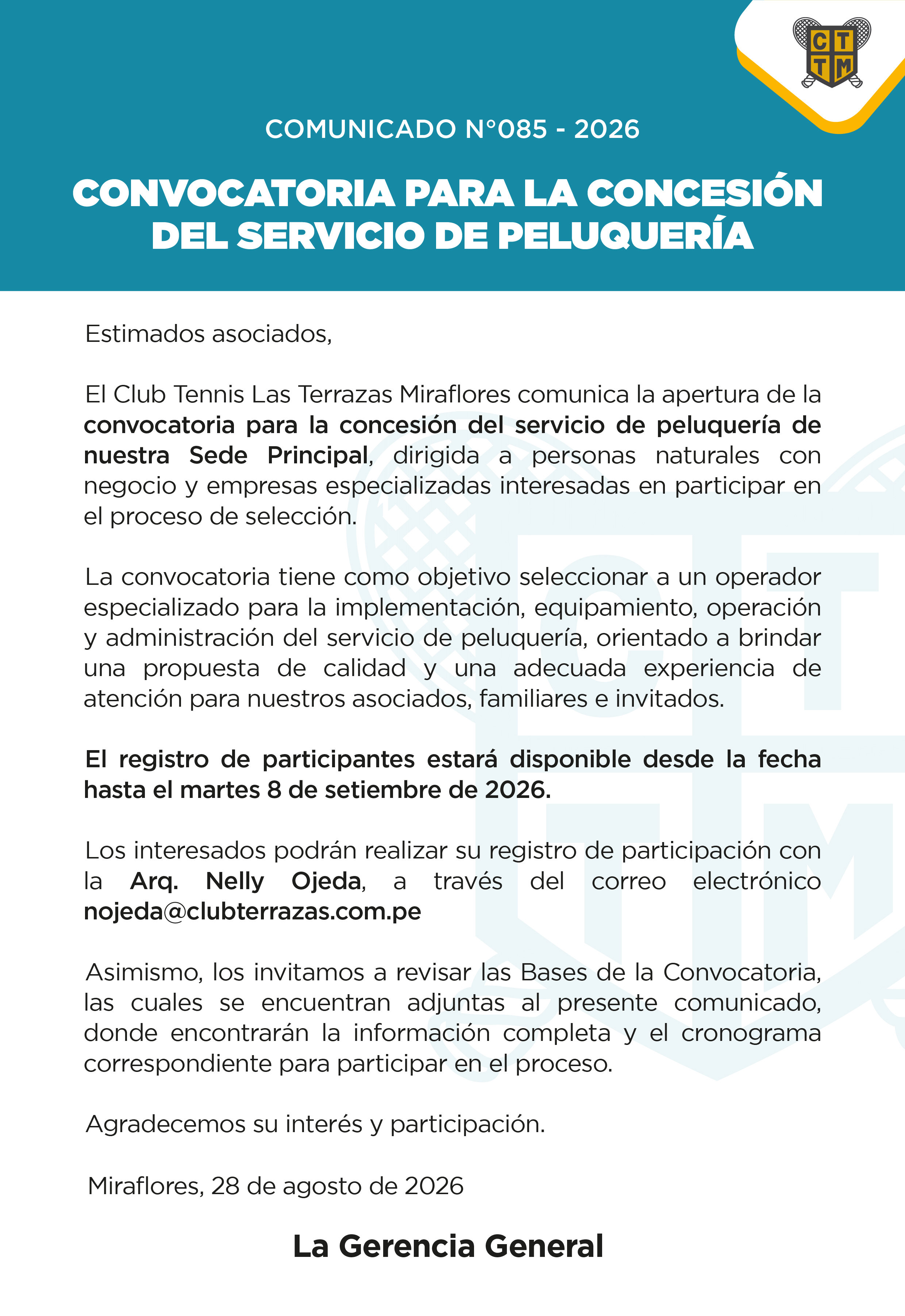 📣COMUNICADO N°085 - CONVOCATORIA PARA LA CONCESIÓN DEL SERVICIO DE PELUQUERÍA