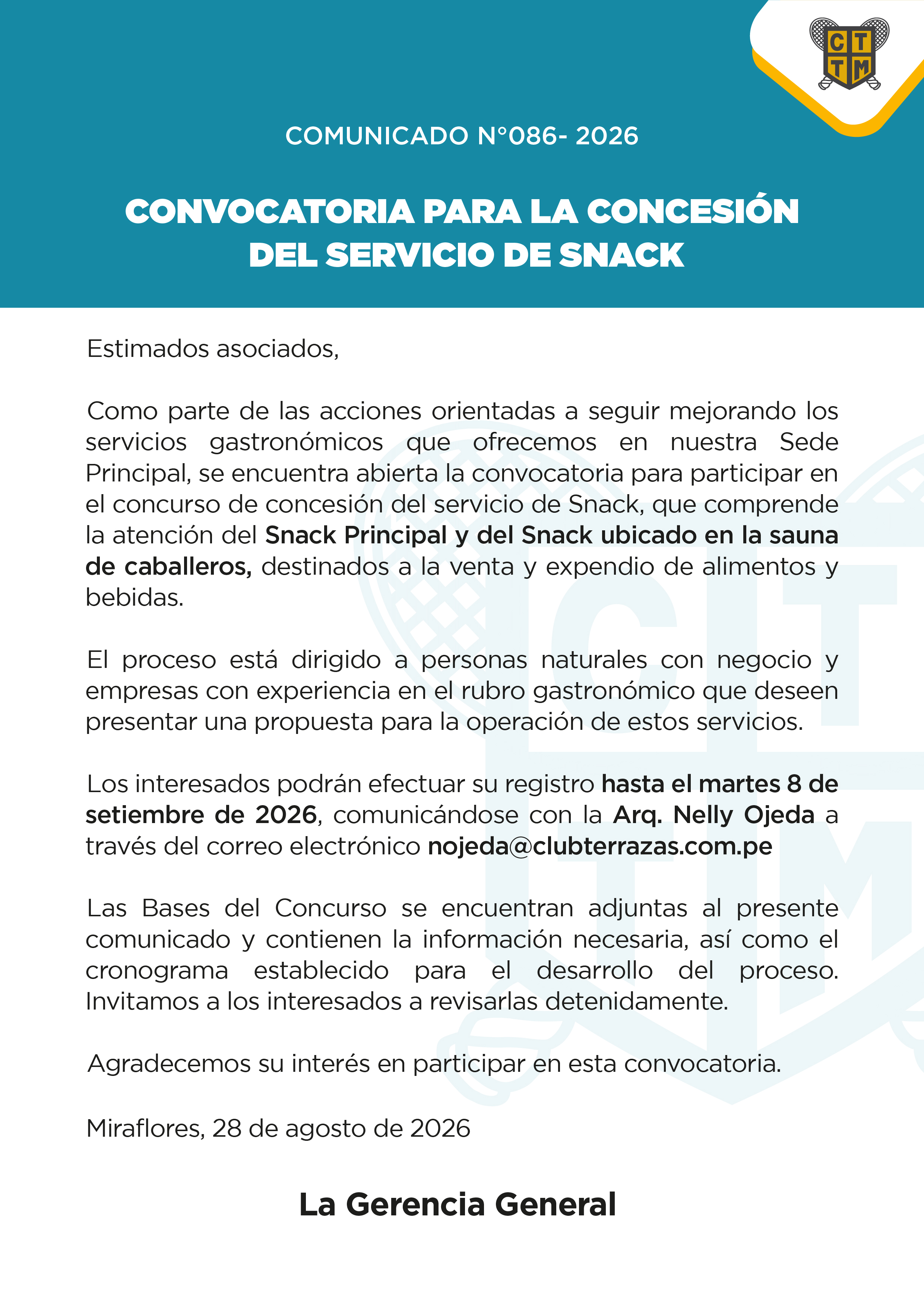 📣COMUNICADO N°086  - CONVOCATORIA PARA LA CONCESIÓN DEL SERVICIO DE SNACK
