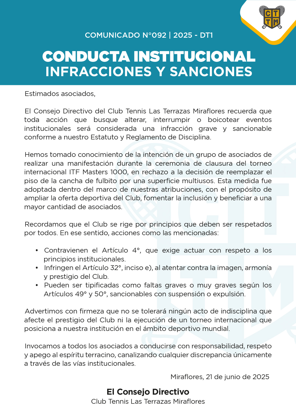 📣COMUNICADO N°092 - 2025-DT1 - CONDUCTA INSTITUCIONAL - INFRACCIONES Y SANCIONES
