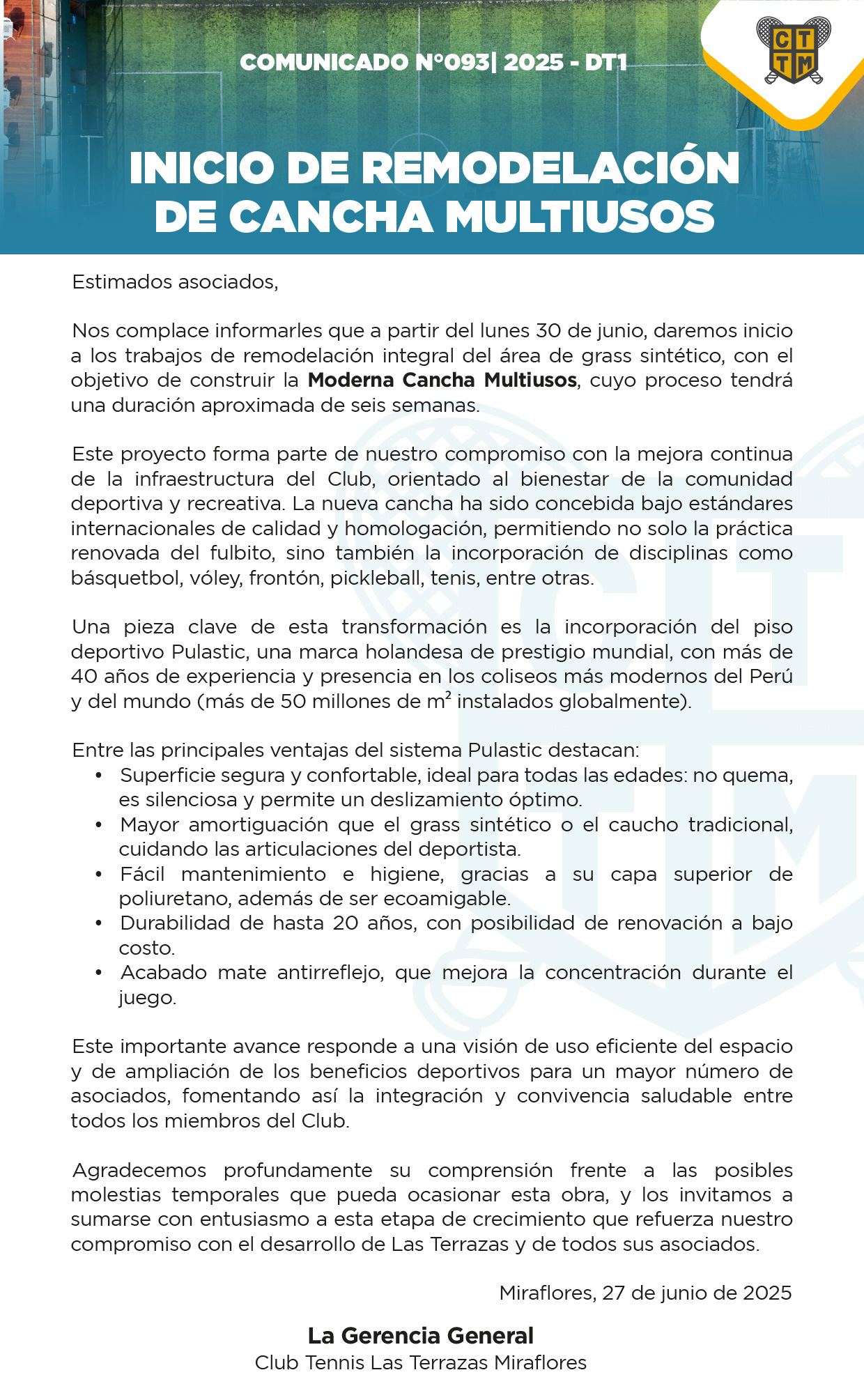 📣COMUNICADO N°093 - 2025-DT1 - INICIO DE REMODELACIÓN DE CANCHA MULTIUSOS