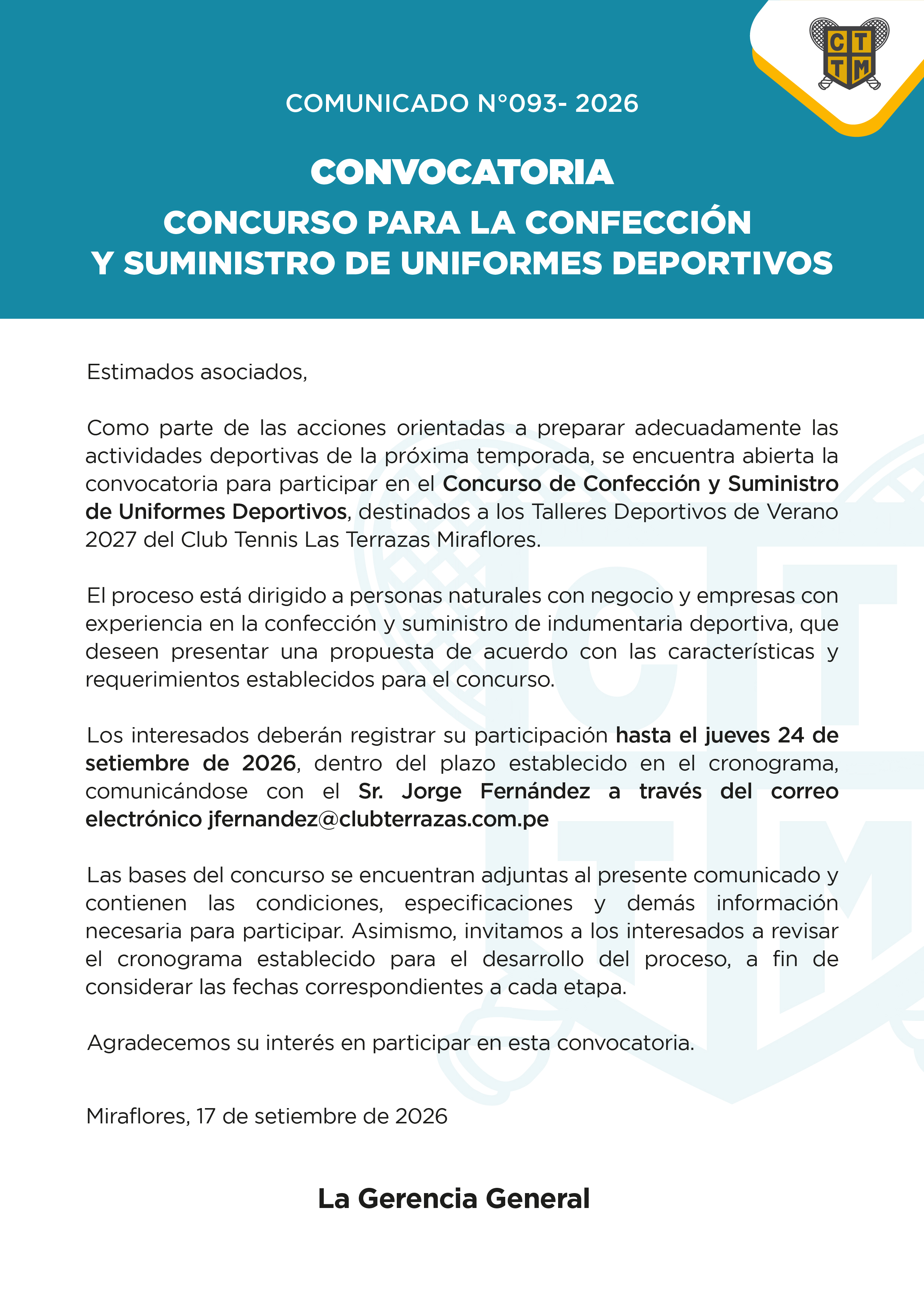 📣COMUNICADO N°093 - 2026: CONCURSO — CONFECCIÓN Y SUMINISTRO DE UNIFORMES DEPORTIVOS
