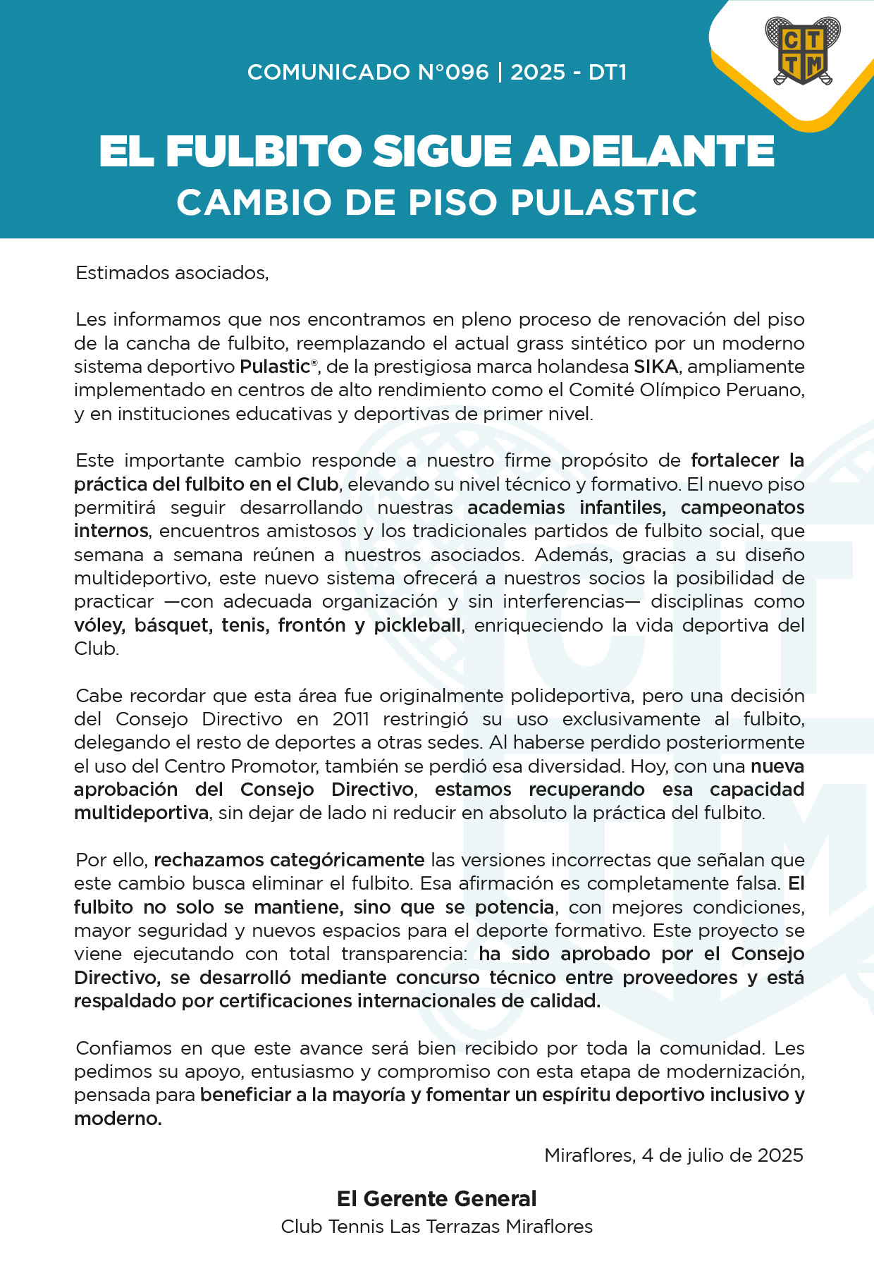 📣COMUNICADO N° 096 - 2025 -EL FULBITO SIGUE ADELANTE - CAMBIO DE PISO PULASTIC