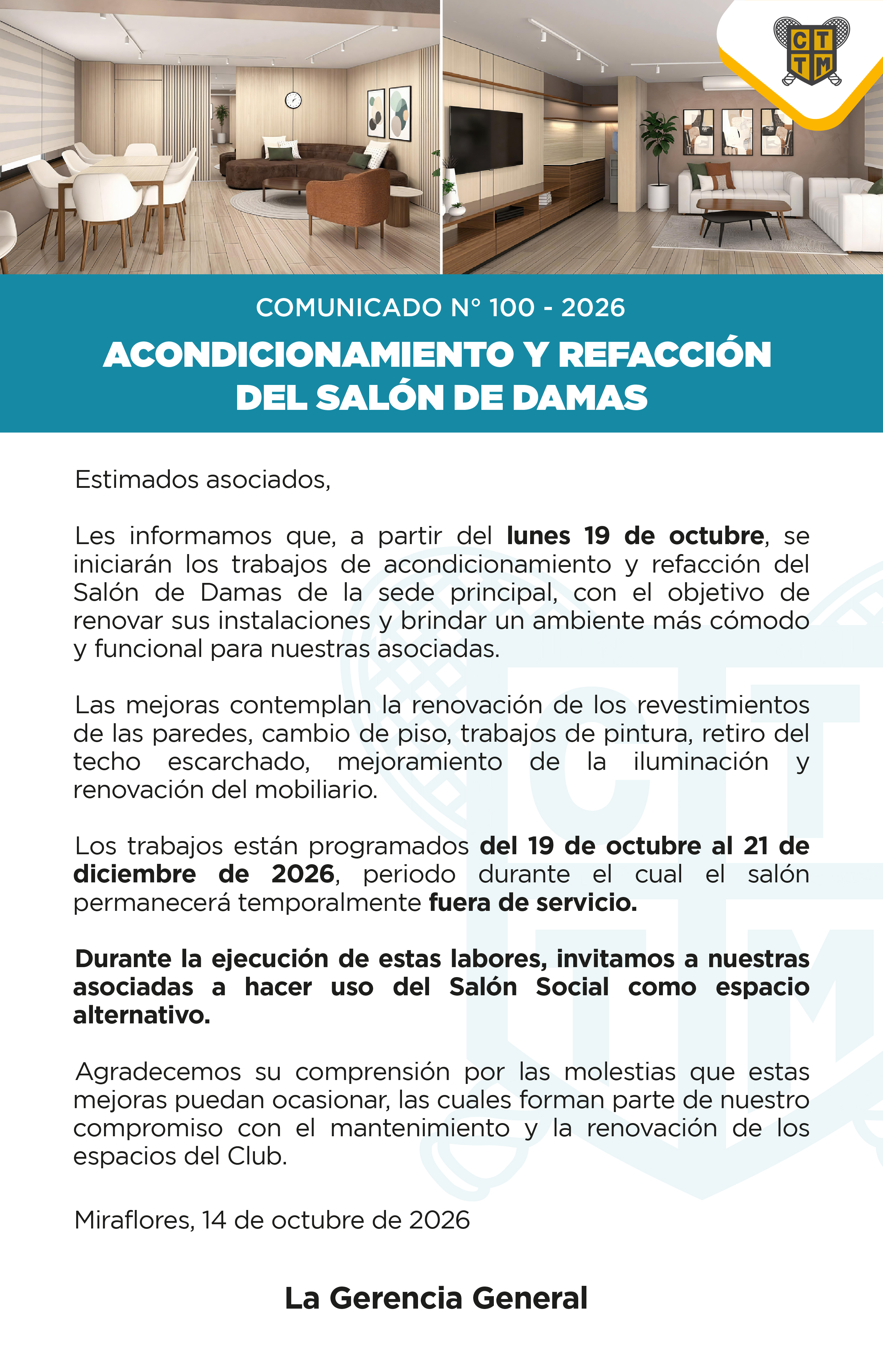 📣COMUNICADO N°100 - 2026:ACONDICIONAMIENTO Y REFACCIÓN DEL SALÓN DE DAMAS
