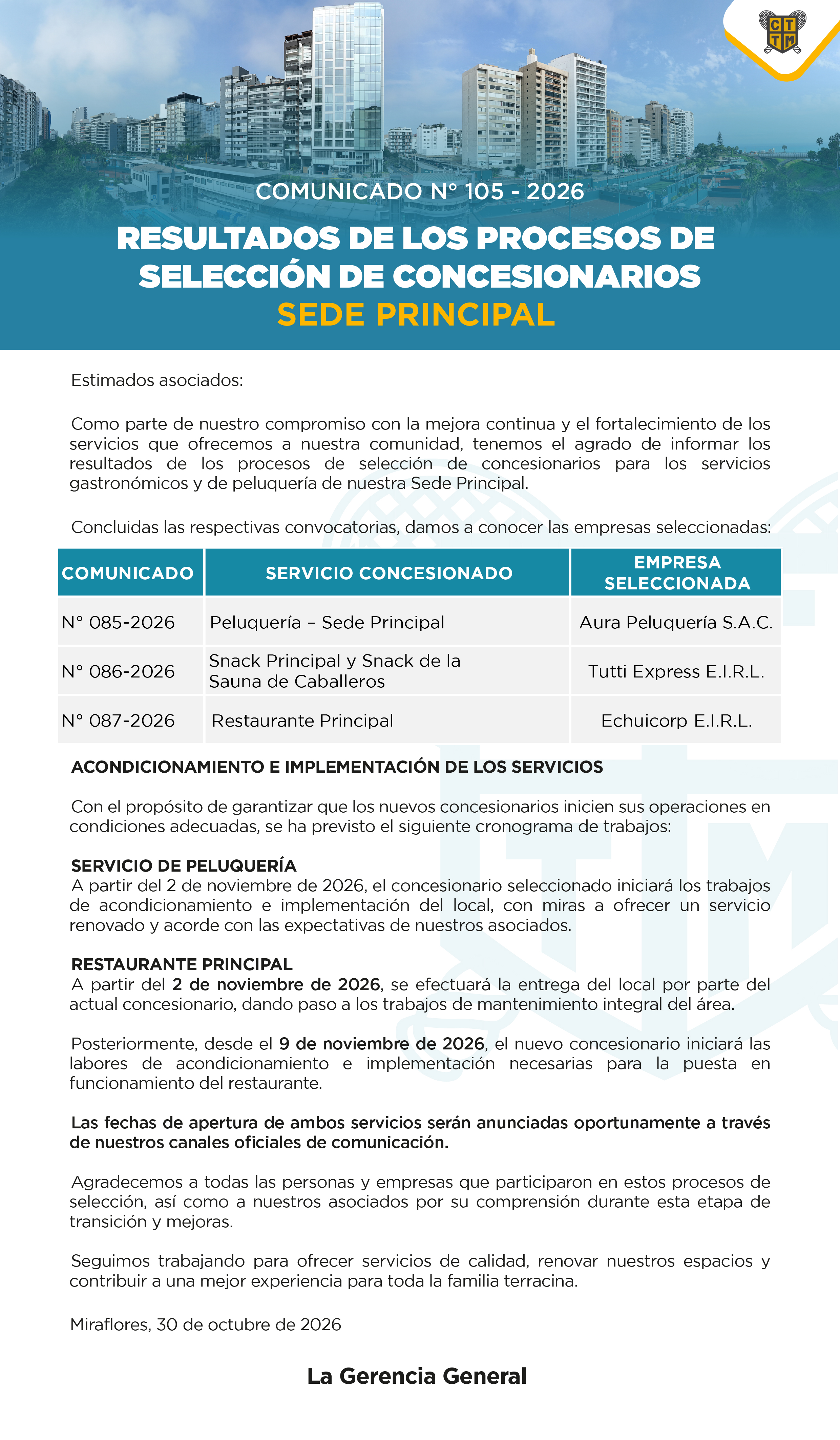 📣COMUNICADO N°105 - 2026: RESULTADOS DE LOS PROCESOS DE SELECCIÓN DE CONCESIONARIOS – SEDE PRINCIPAL