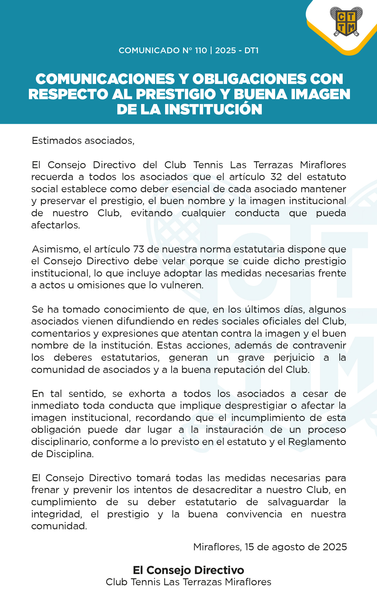 📣COMUNICADO N.º 110 | 2025 - DT1 - COMUNICACIONES Y OBLIGACIONES CON RESPECTO AL PRESTIGIO Y BUENA IMAGEN DE LA INSTITUCIÓN 