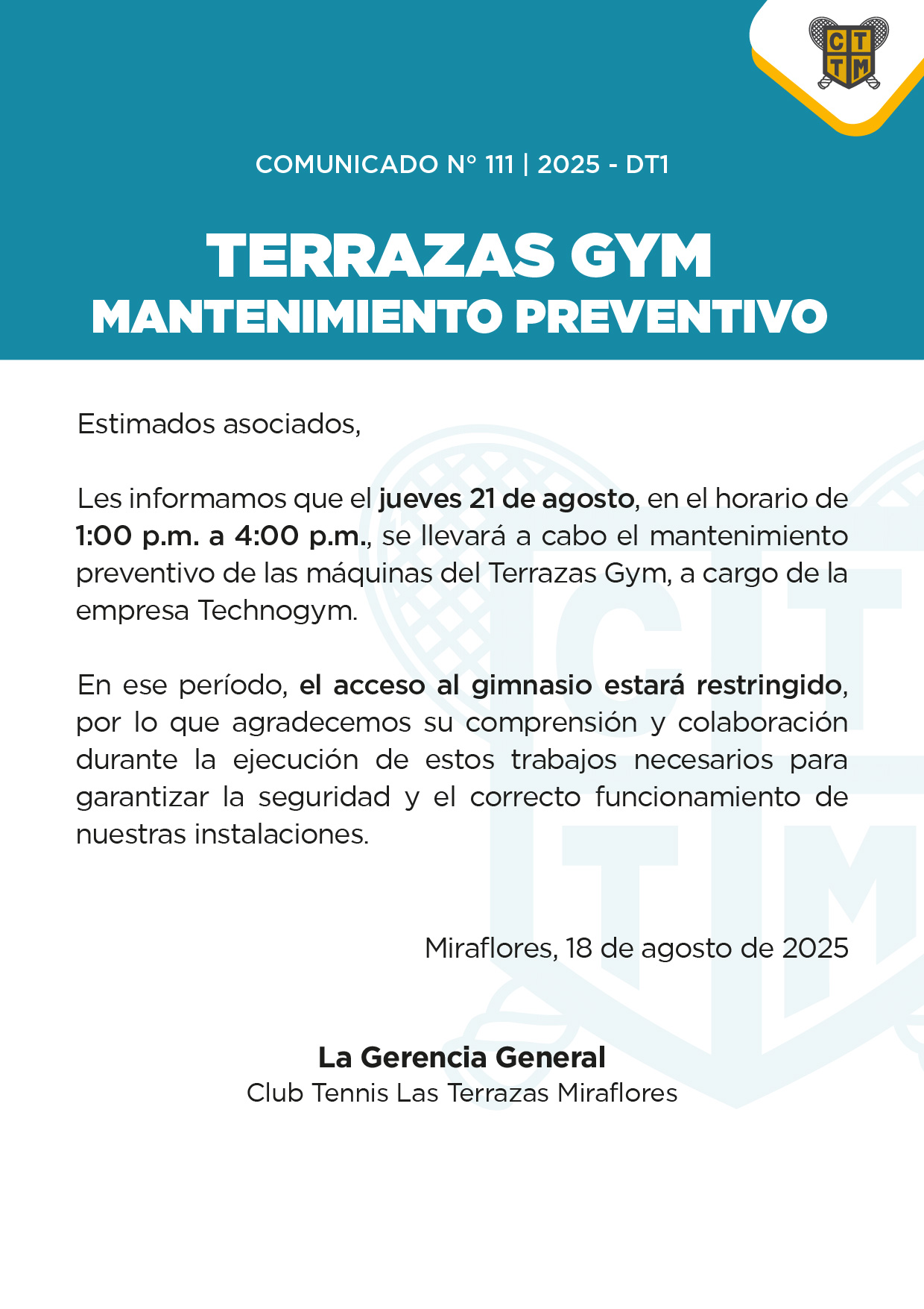 📣COMUNICADO N.º 111 | 2025 - DT1 - TERRAZAS GYM - MANTENIMIENTO PREVENTIVO