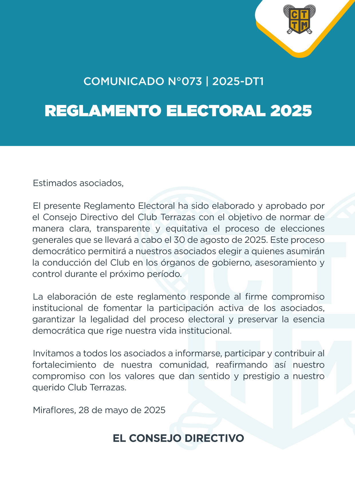 📣COMUNICADO N°073 | 2025-DT1: REGLAMENTO ELECTORAL 2025