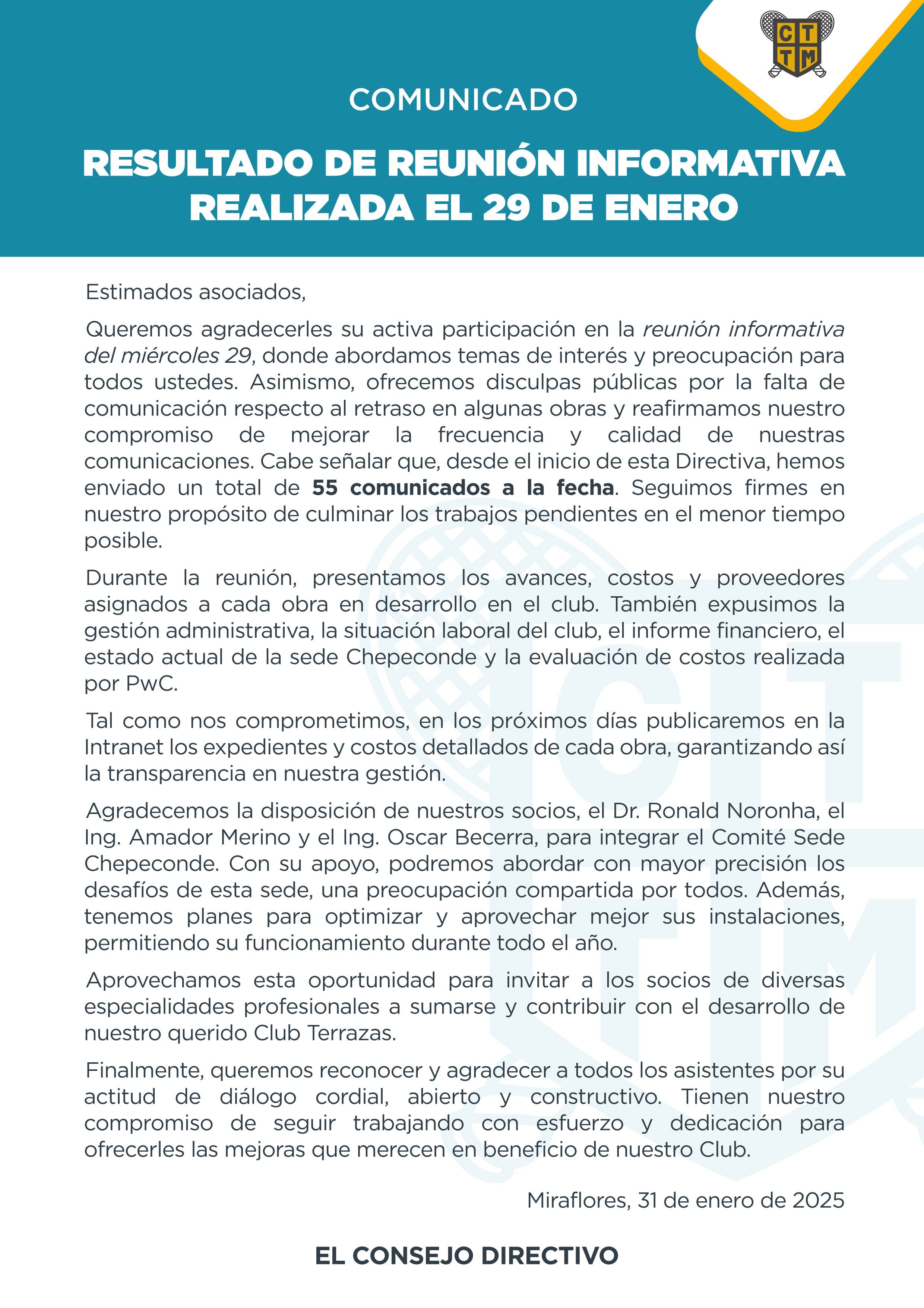  📢COMUNICADO: RESULTADO DE REUNIÓN INFORMATIVA REALIZADA EL 29 DE ENERO 