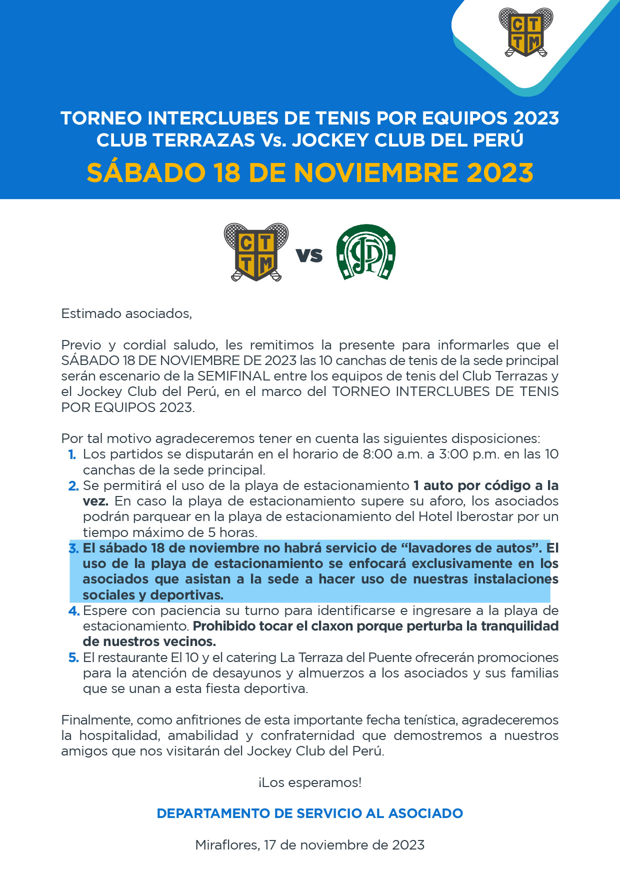 COMUNICADO: TORNEO INTERCLUBES DE TENIS POR EQUIPOS 2023 / CLUB TERRAZAS Vs. JOCKEY CLUB DEL PERÚ / SÁBADO 18 DE NOVIEMBRE 2023