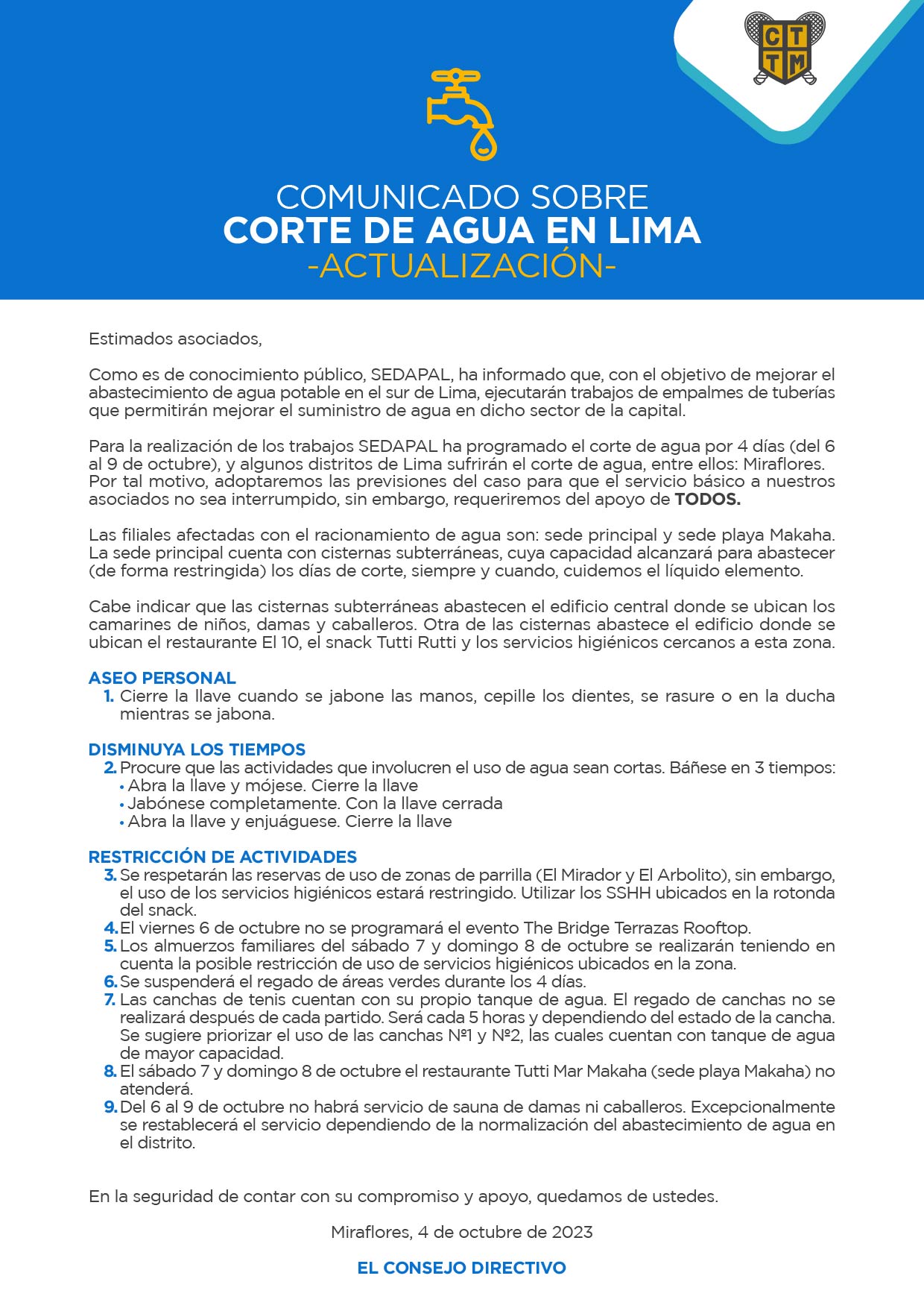 COMUNICADO SOBRE CORTE DE AGUA EN LIMA