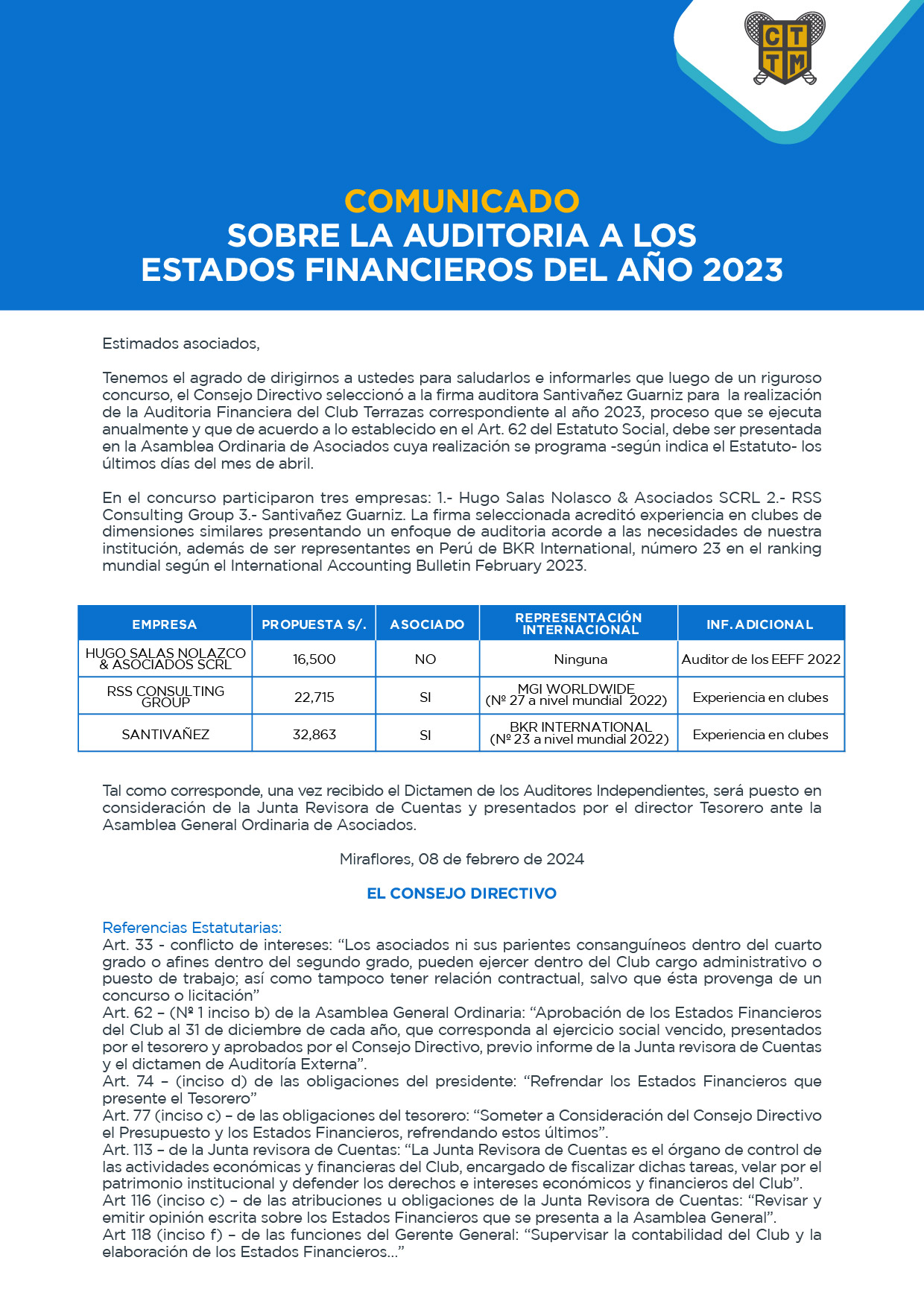 COMUNICADO: SOBRE LA AUDITORIA A LOS ESTADOS FINANCIEROS DEL AÑO 2023