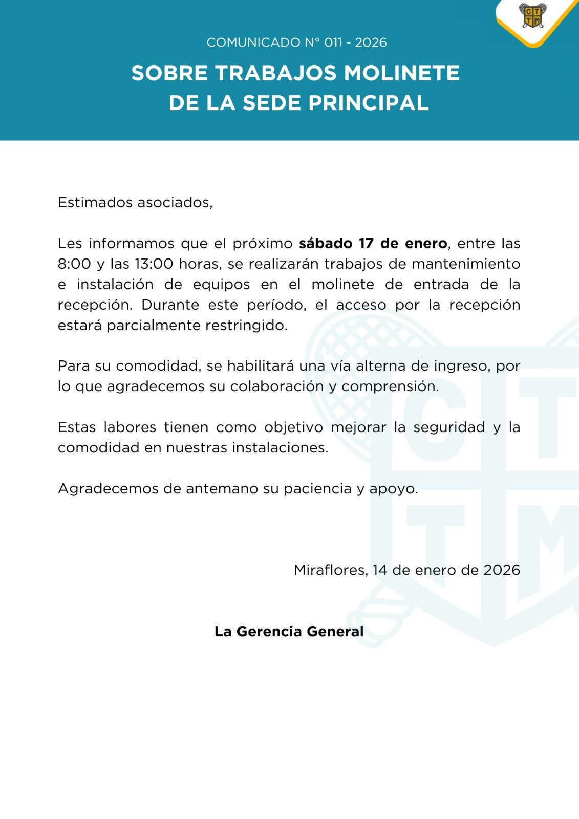 📣COMUNICADO N°011 - 2026 - SOBRE TRABAJOS MOLINETE DE LA SEDE PRINCIPAL