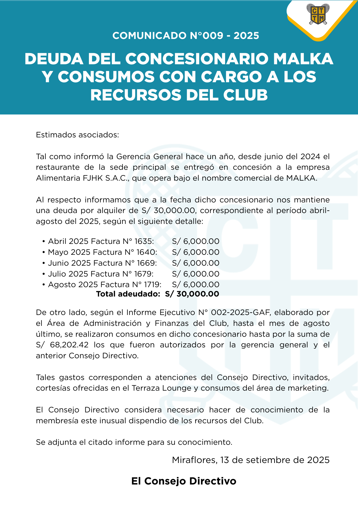 📣COMUNICADO N° 009 - 2025 - DEUDA DEL CONCESIONARIO MALKA Y CONSUMOS CON CARGO A LOS RECURSOS DEL CLUB