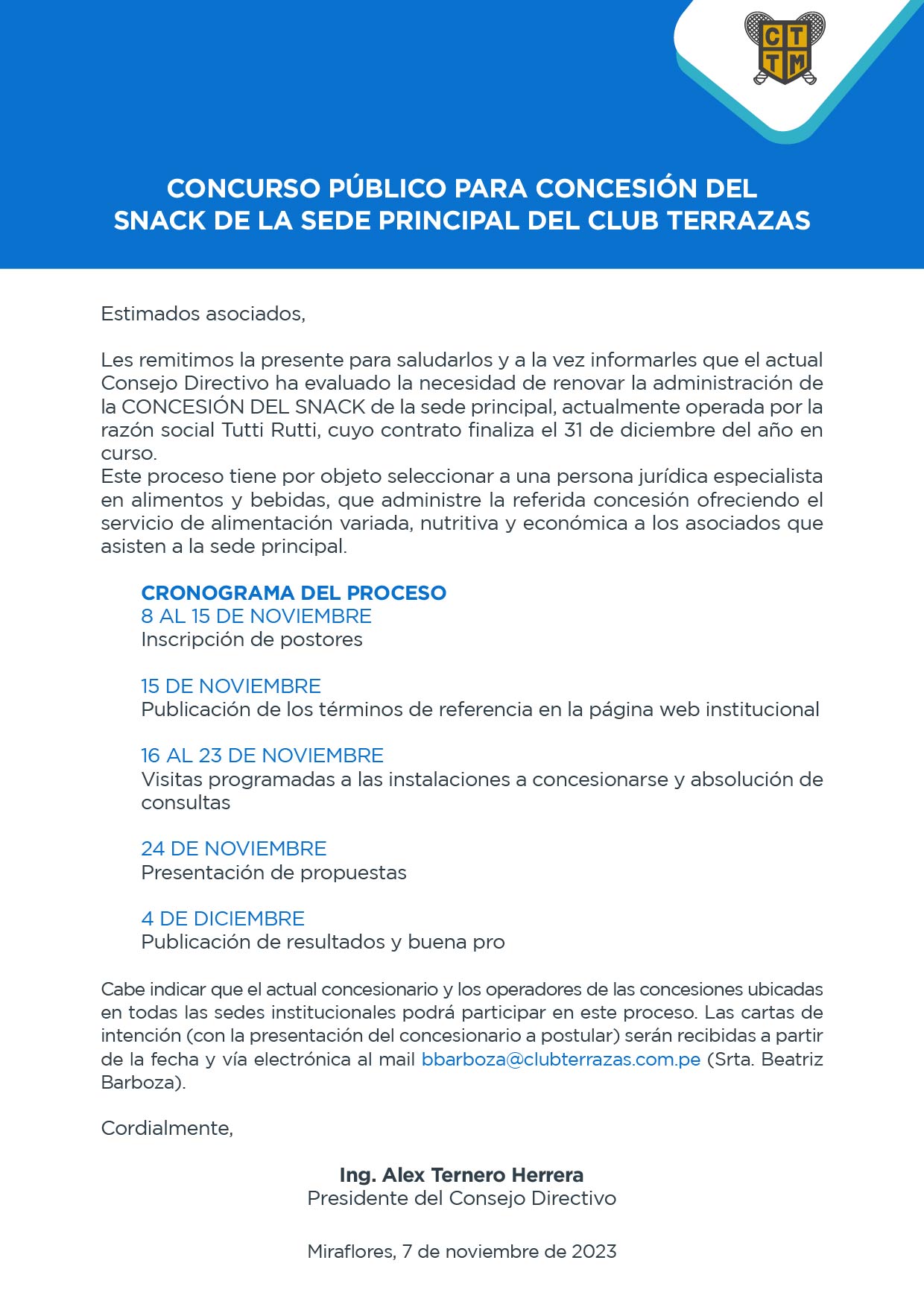 CONCURSO PÚBLICO PARA CONCESIÓN DEL SNACK DE LA SEDE PRINCIPAL DEL CLUB TERRAZAS