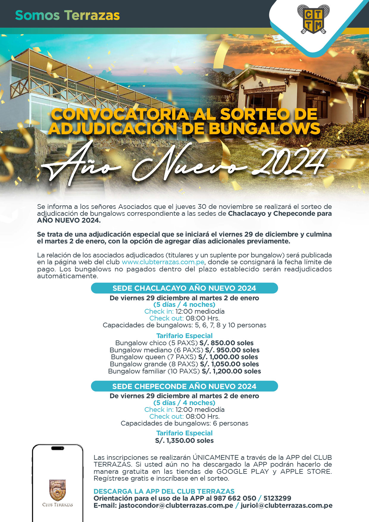 CONVOCATORIA AL SORTEO DE ADJUDICACIÓN DE BUNGALOWS: AÑO NUEVO 2024 