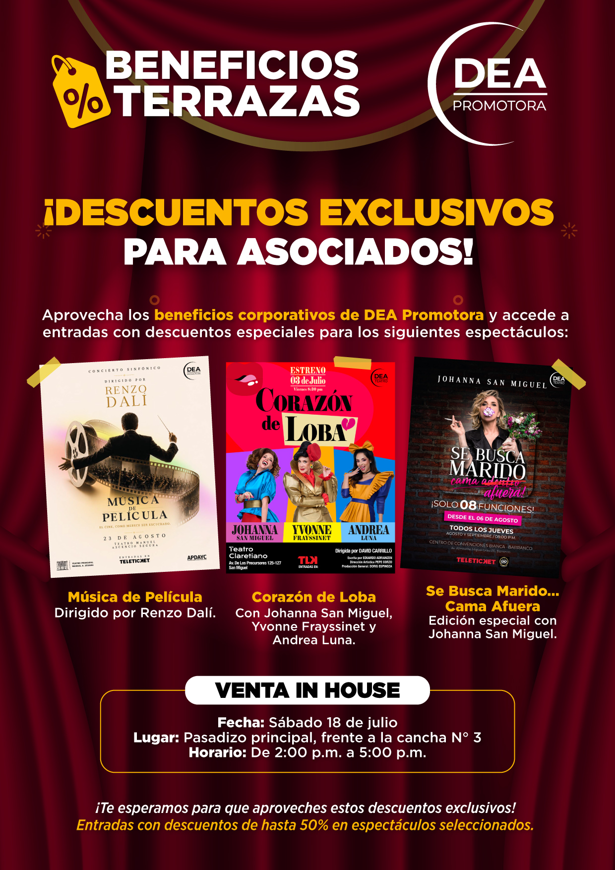 🎭 BENEFICIOS TERRAZAS | Este sábado: Venta In House con descuentos especiales en espectáculos