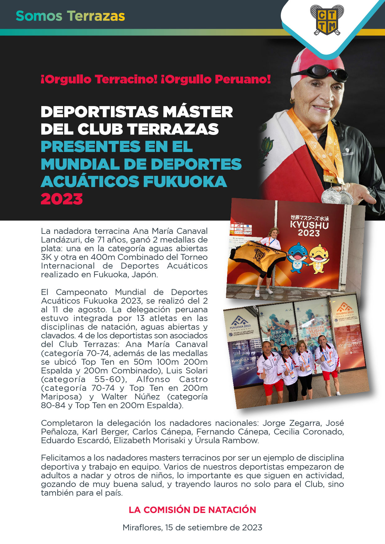 DEPORTISTAS MÁSTER DEL CLUB TERRAZAS PRESENTES EN EL MUNDIAL DE DEPORTES ACUÁTICOS FUKUOKA 2023