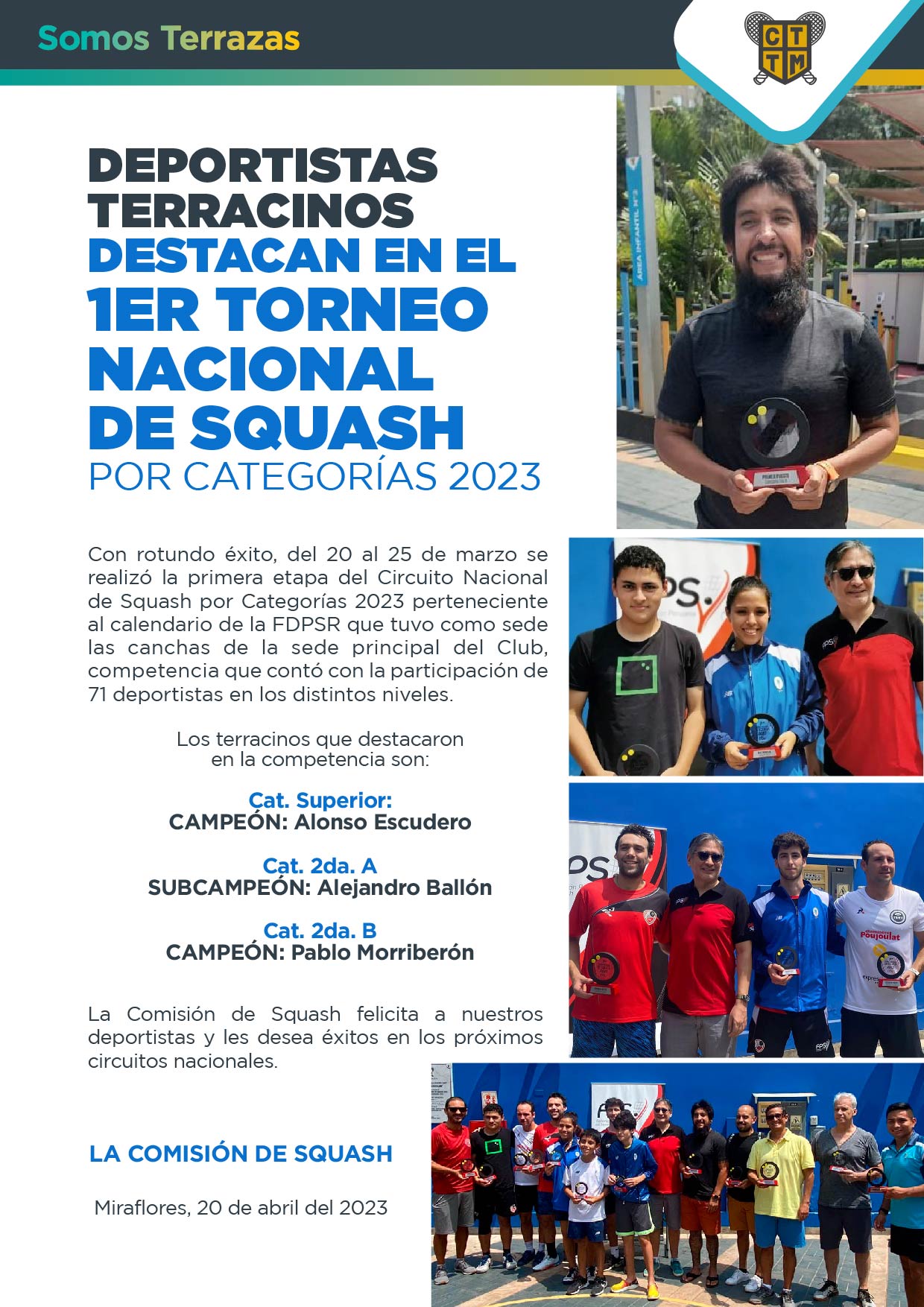 DEPORTISTAS TERRACINOS DESTACAN EN EL 1ER TORNEO NACIONAL DE SQUASH POR CATEGORÍAS 2023