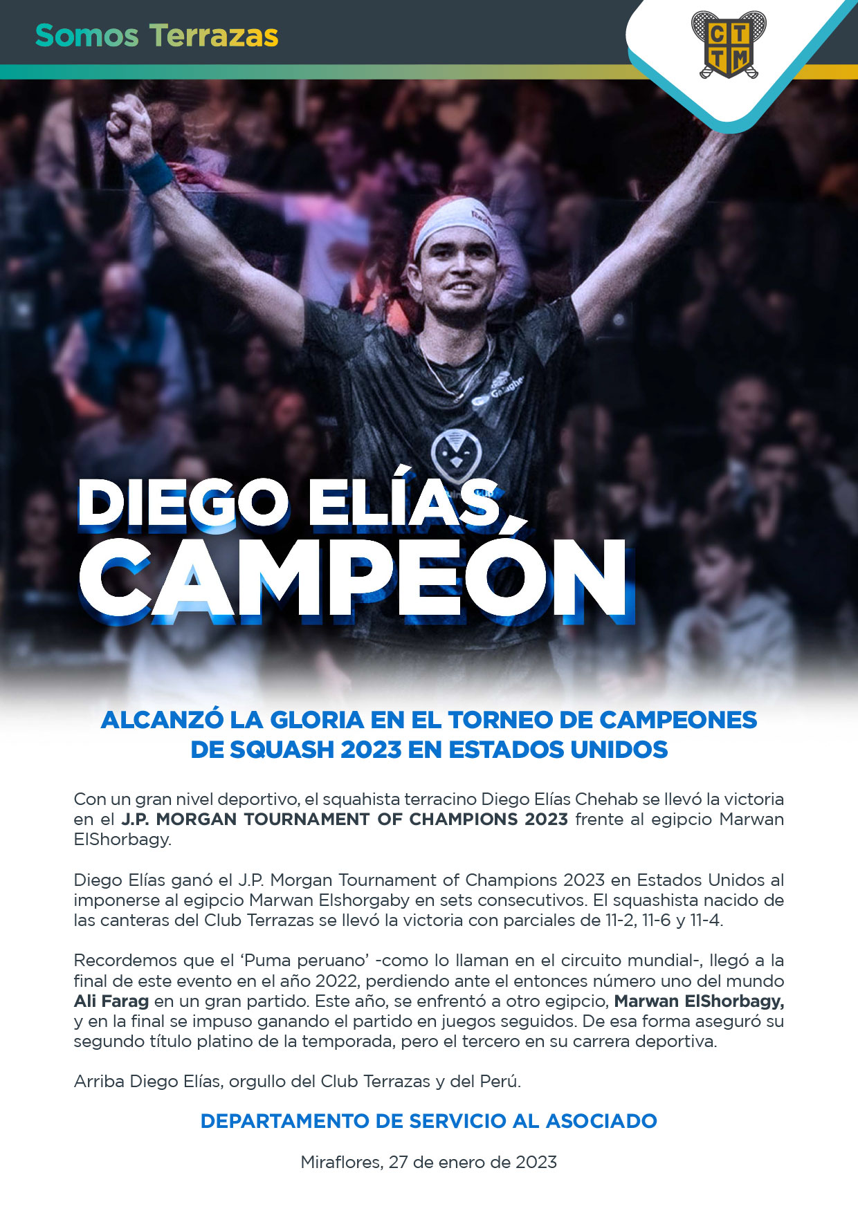 DIEGO ELÍAS CAMPEÓN-ALCANZÓ LA GLORIA EN EL TORNEO DE CAMPEONES DE SQUASH 2023 EN ESTADOS UNIDOS