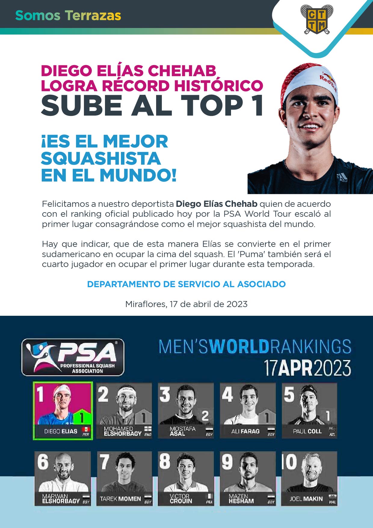 DIEGO ELÍAS CHEHAB LOGRA RÉCORD HISTÓRICO SUBE AL TOP 1